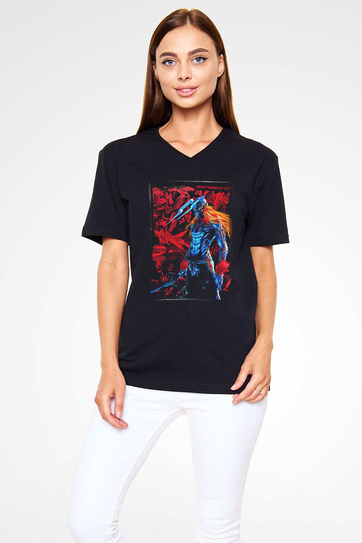 Bleach Baskılı Unisex Siyah V Yaka Tişört - Tshirt