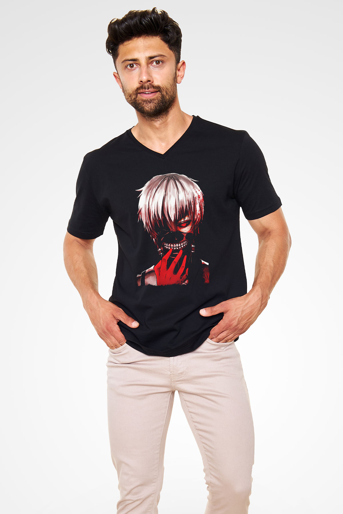 Bleach Baskılı Unisex Siyah V Yaka Tişört - Tshirt