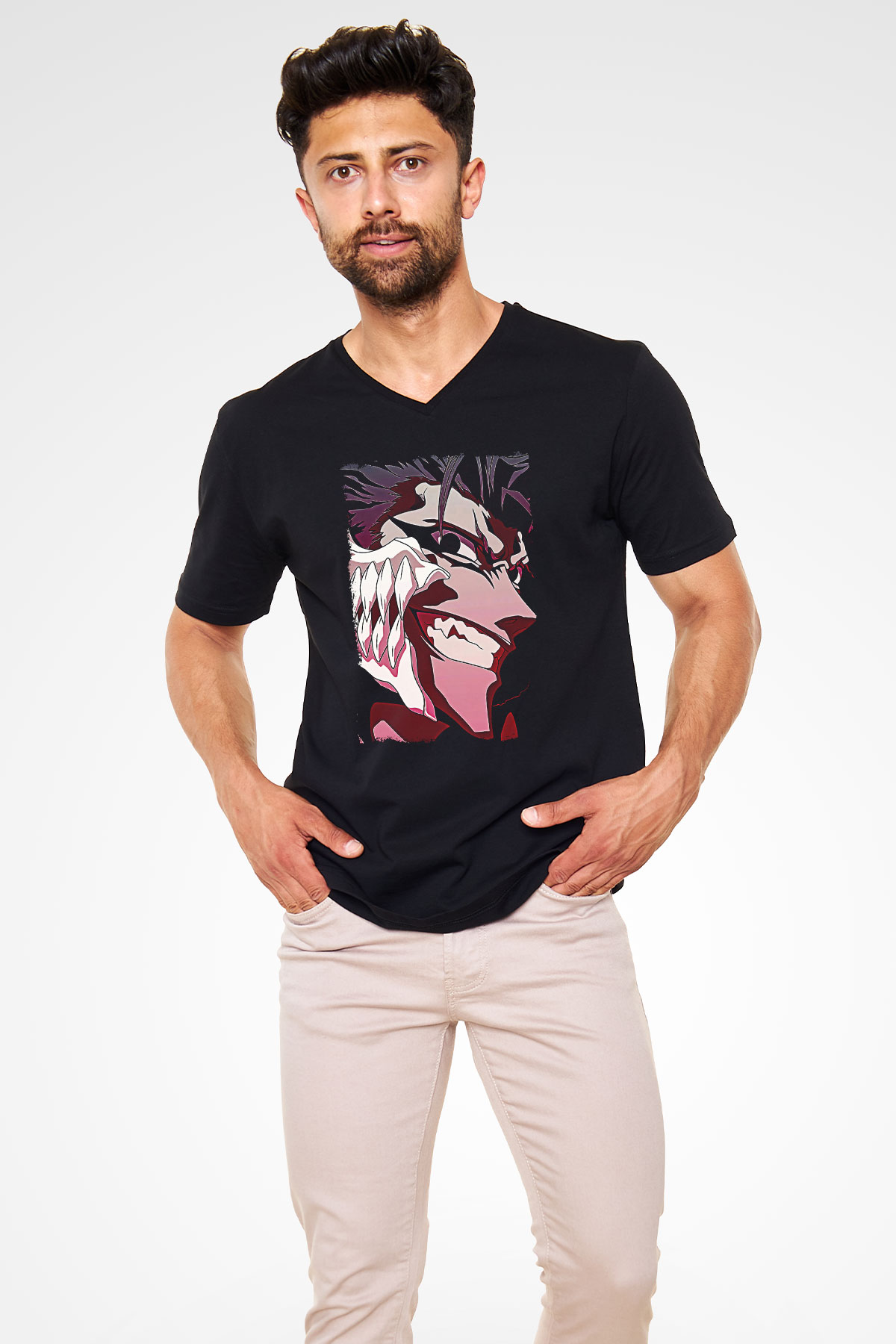 Bleach Baskılı Unisex Siyah V Yaka Tişört - Tshirt