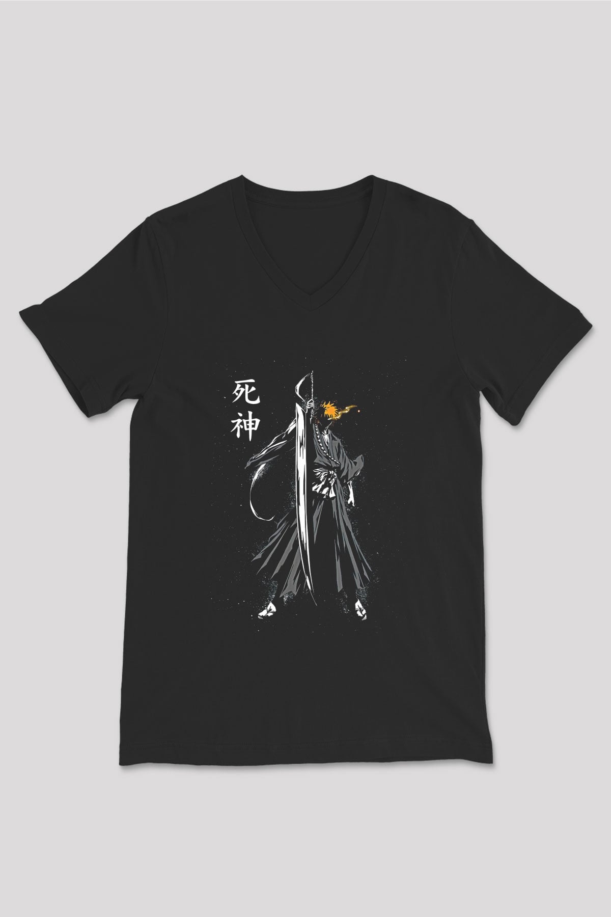 Bleach Baskılı Unisex Siyah V Yaka Tişört - Tshirt