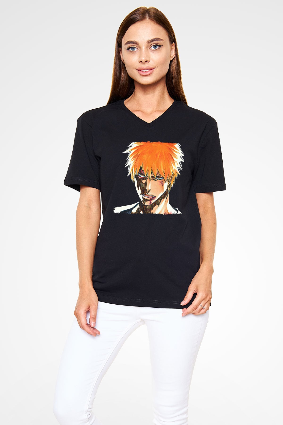 Bleach Baskılı Unisex Siyah V Yaka Tişört - Tshirt