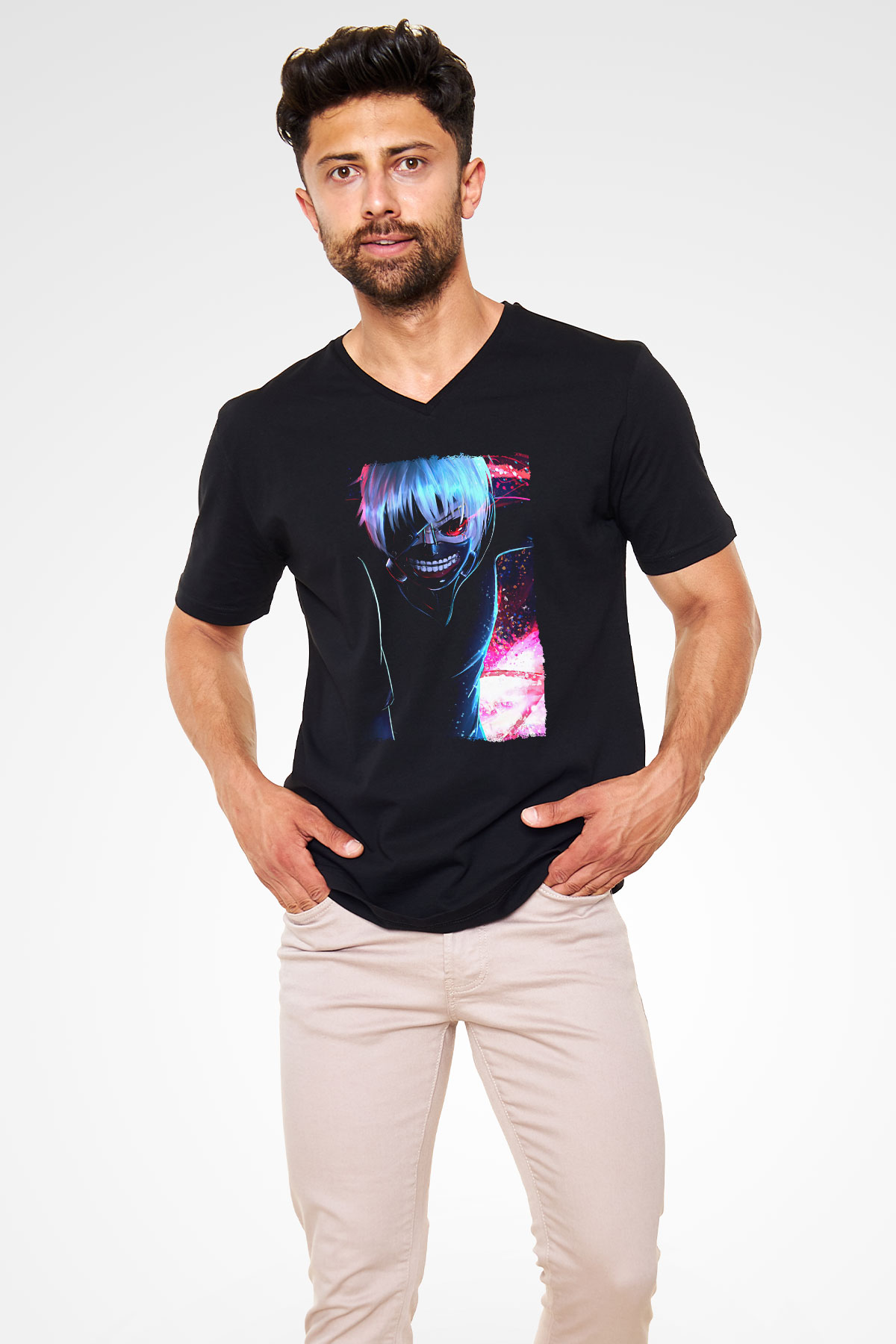 Bleach Baskılı Unisex Siyah V Yaka Tişört - Tshirt