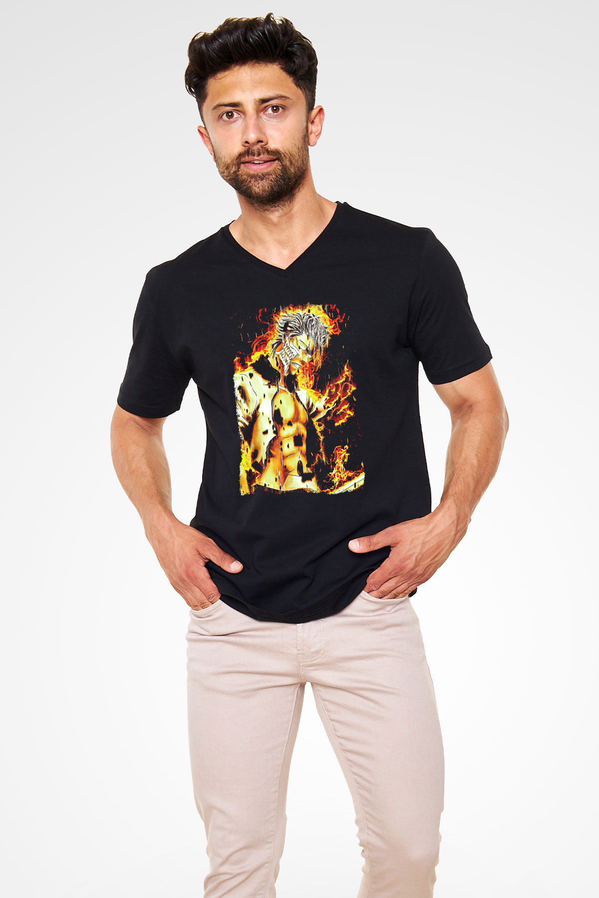 Bleach Baskılı Unisex Siyah V Yaka Tişört - Tshirt