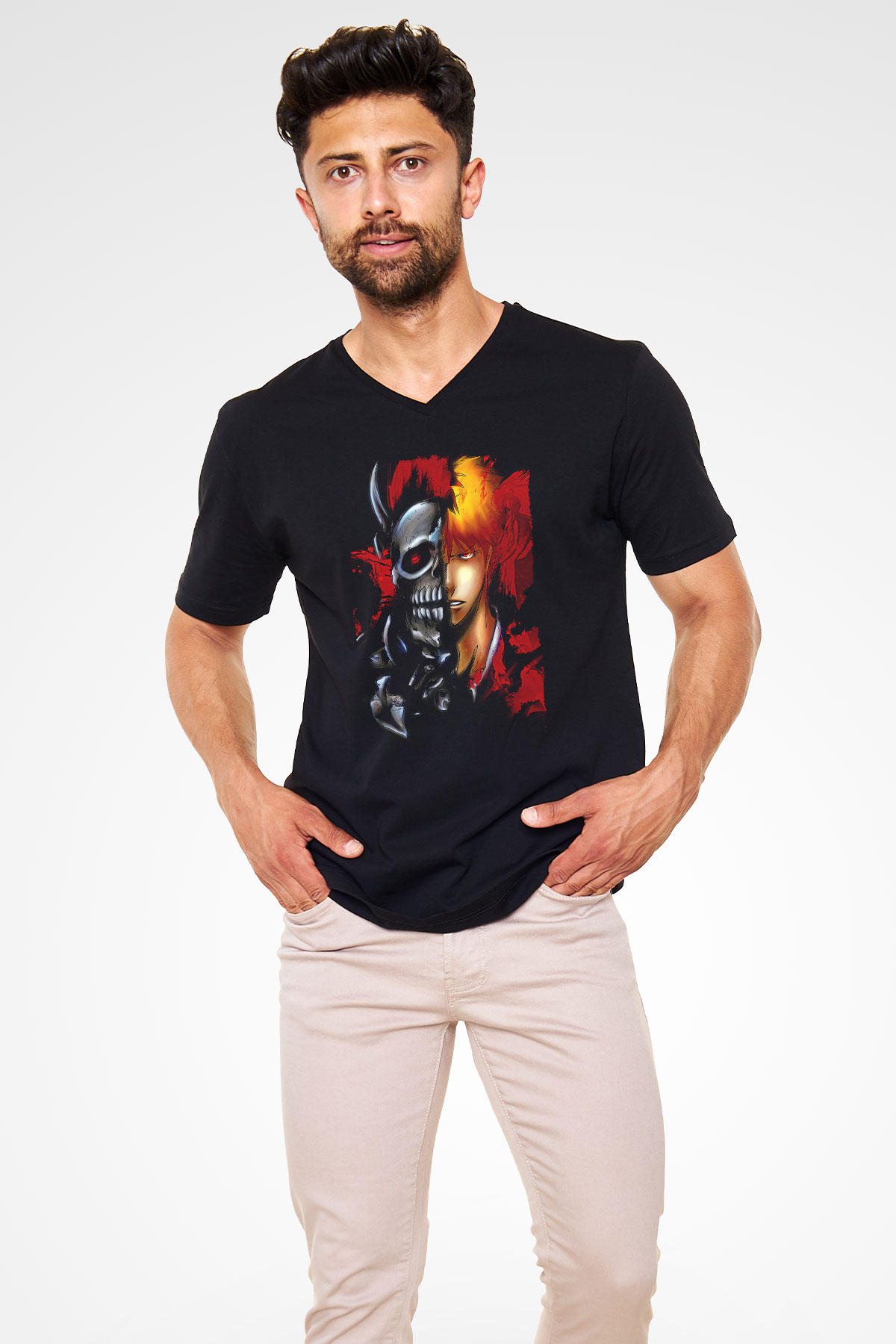 Bleach Baskılı Unisex Siyah V Yaka Tişört - Tshirt
