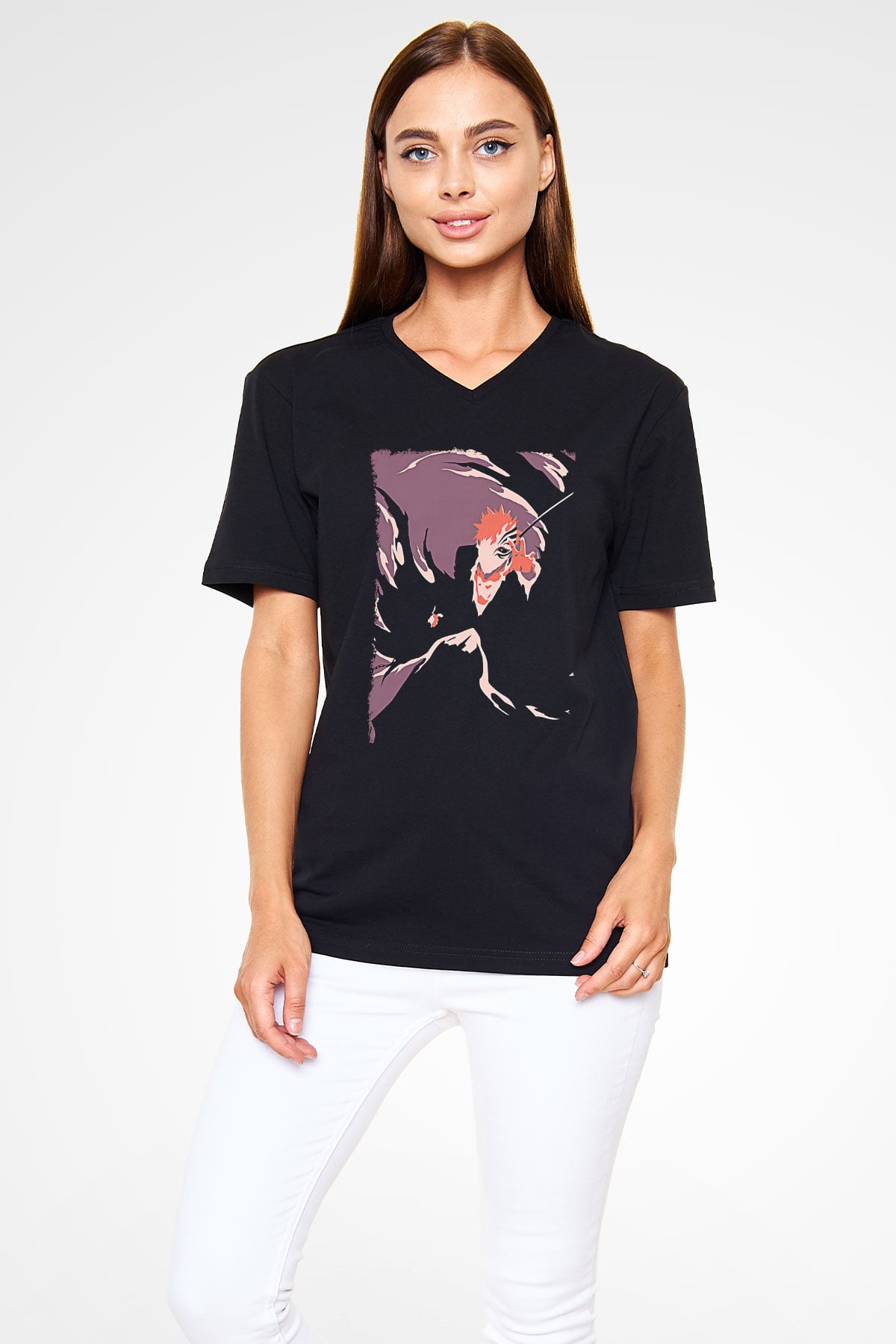 Bleach Baskılı Unisex Siyah V Yaka Tişört - Tshirt