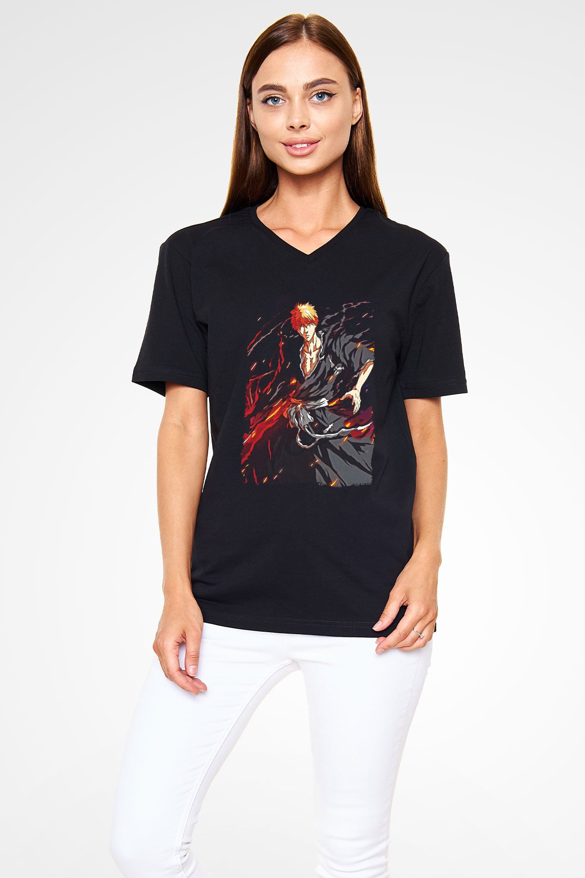 Bleach Baskılı Unisex Siyah V Yaka Tişört - Tshirt