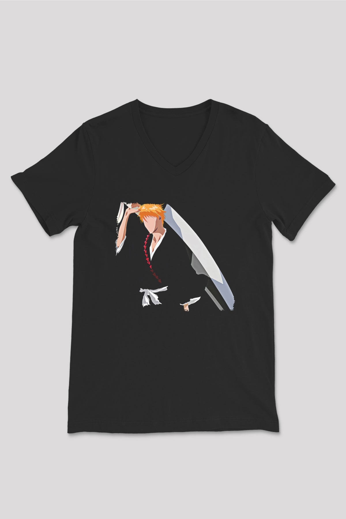 Bleach Baskılı Unisex Siyah V Yaka Tişört - Tshirt