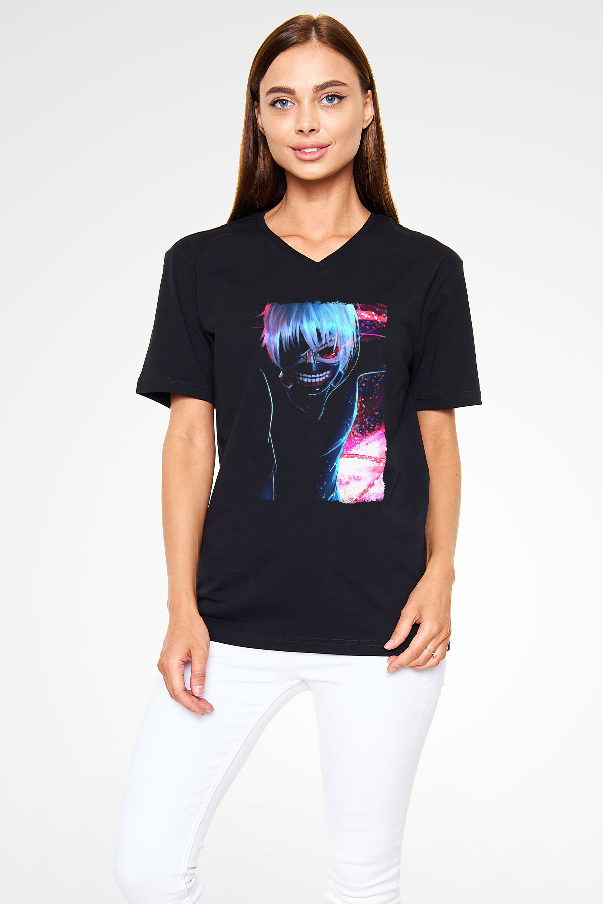 Bleach Baskılı Unisex Siyah V Yaka Tişört - Tshirt