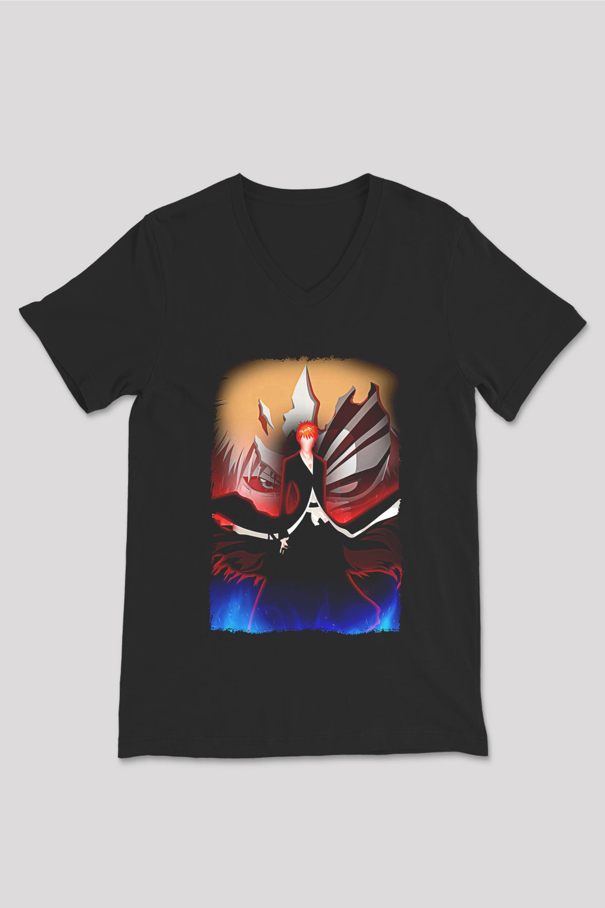 Bleach Baskılı Unisex Siyah V Yaka Tişört - Tshirt