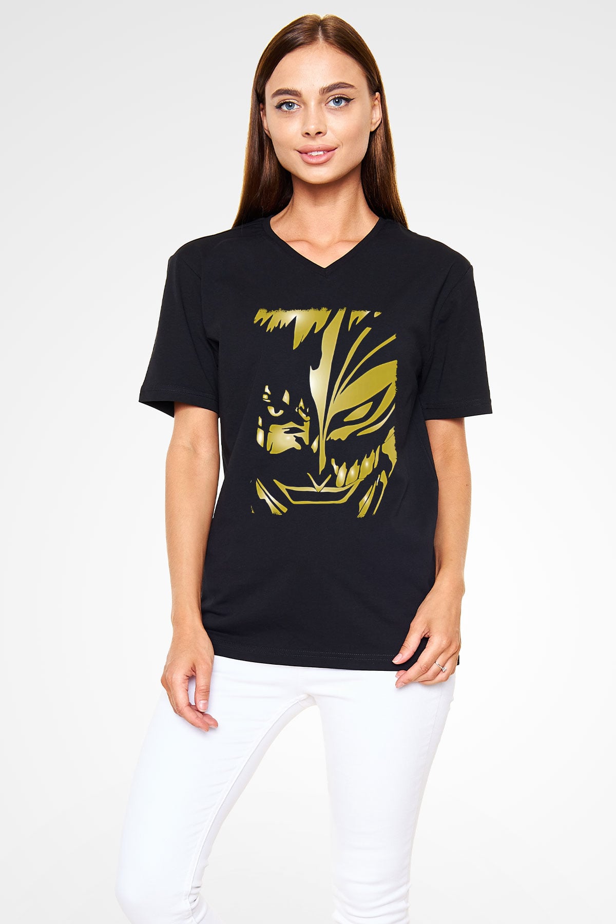 Bleach Baskılı Unisex Siyah V Yaka Tişört - Tshirt