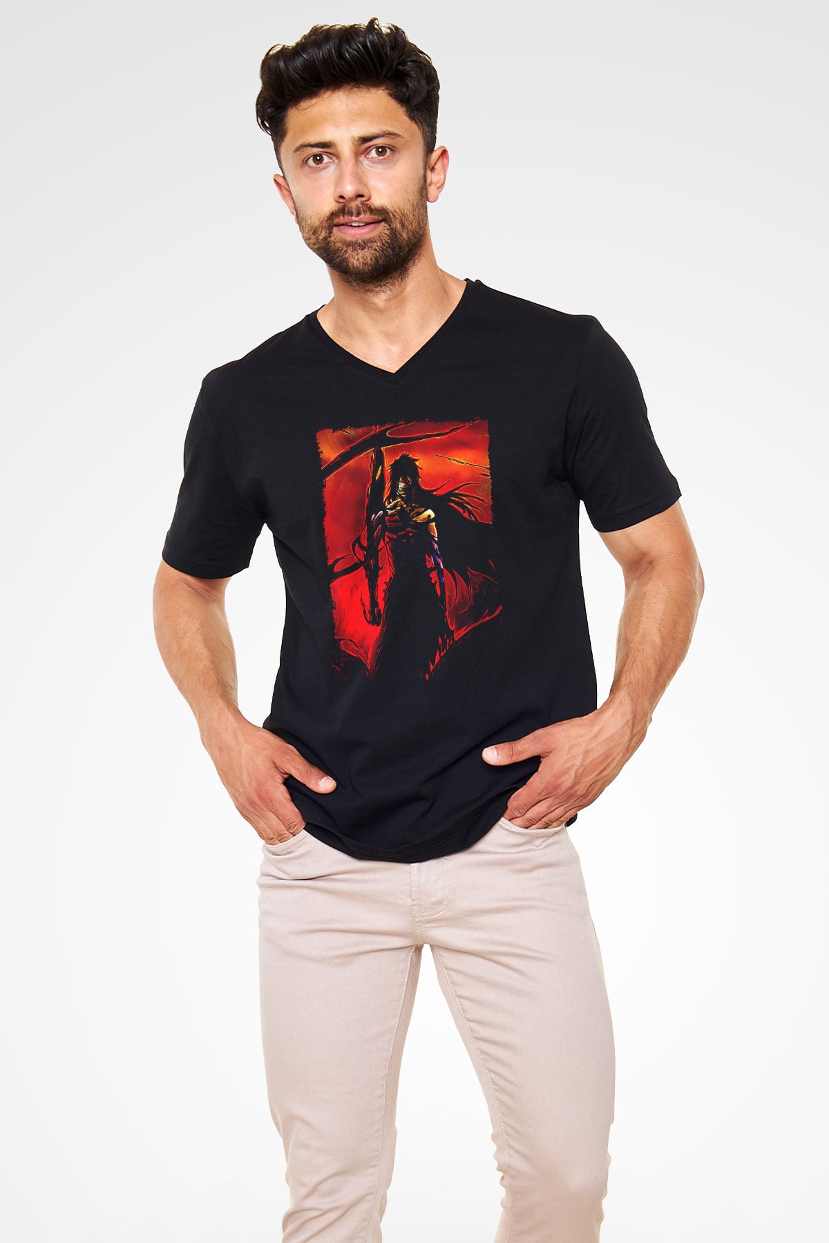Bleach Baskılı Unisex Siyah V Yaka Tişört - Tshirt