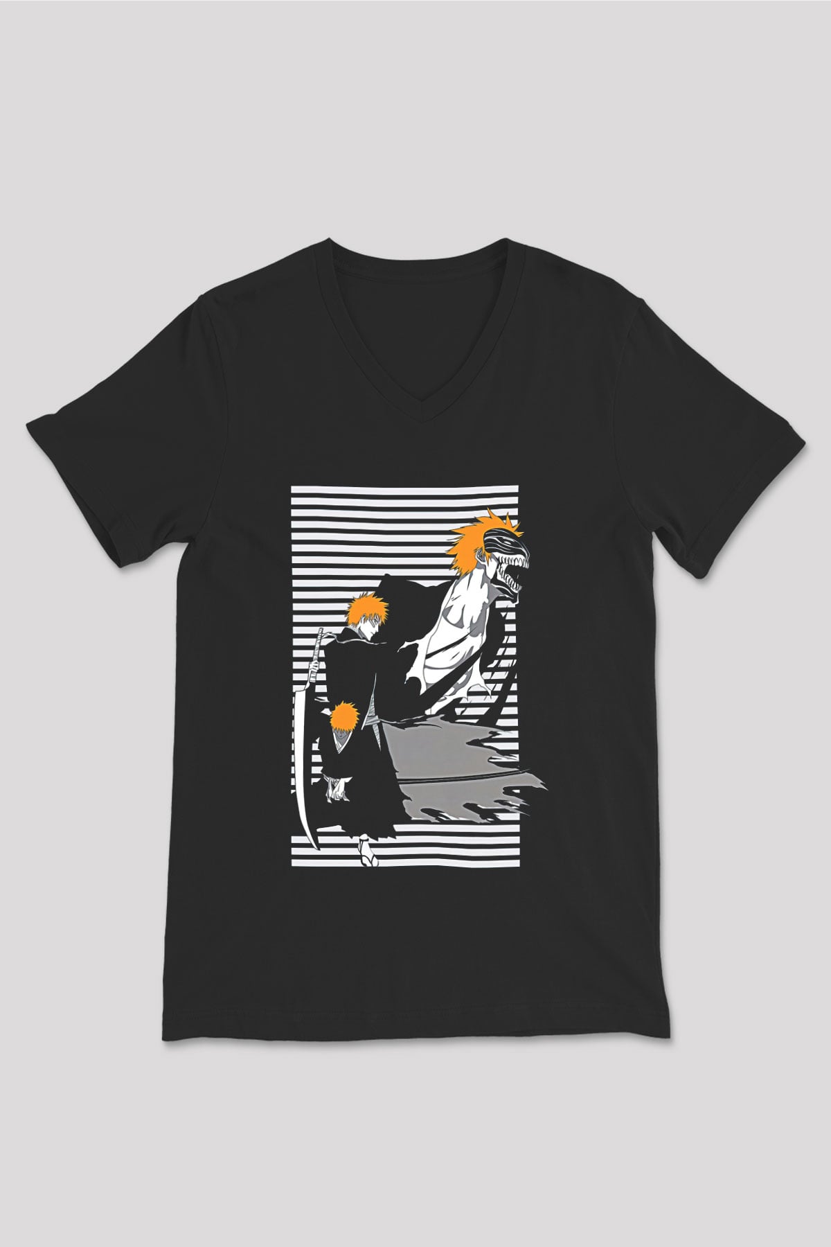 Bleach Baskılı Unisex Siyah V Yaka Tişört - Tshirt