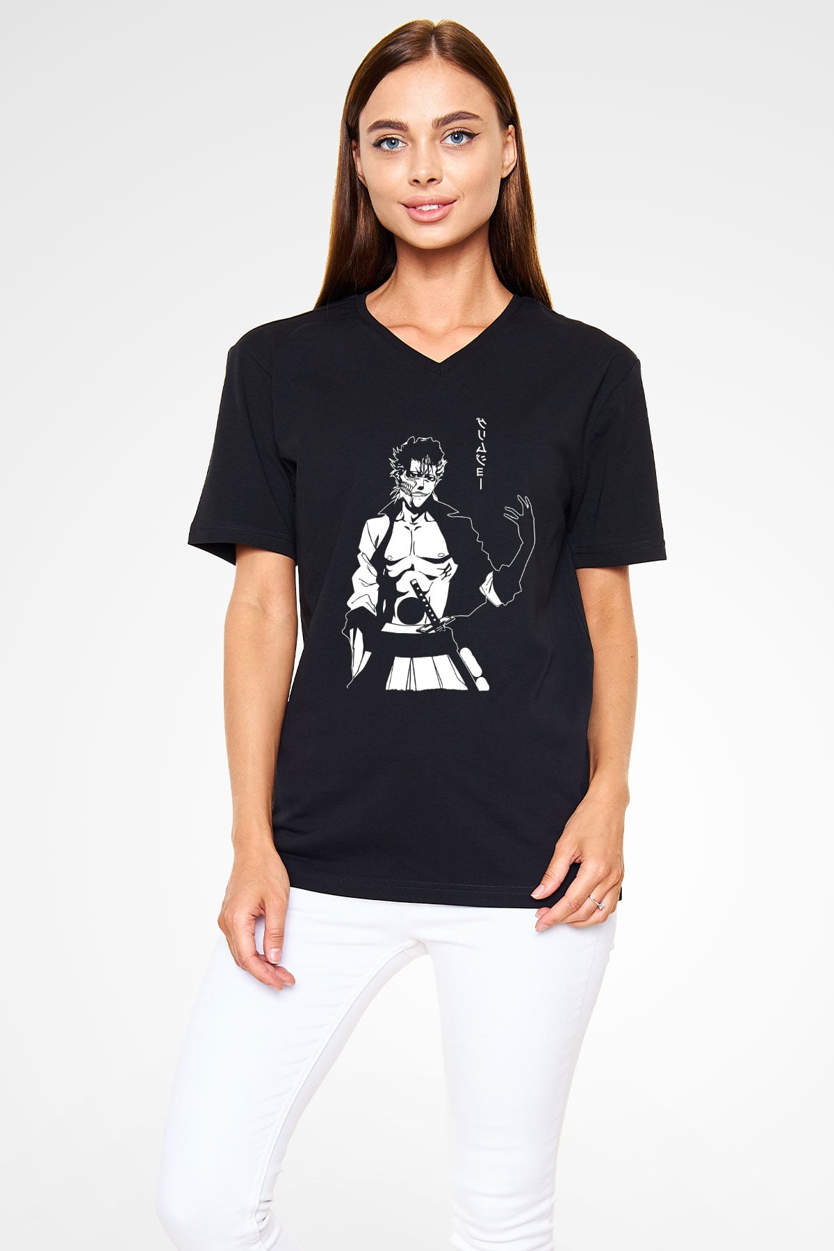 Bleach Baskılı Unisex Siyah V Yaka Tişört - Tshirt