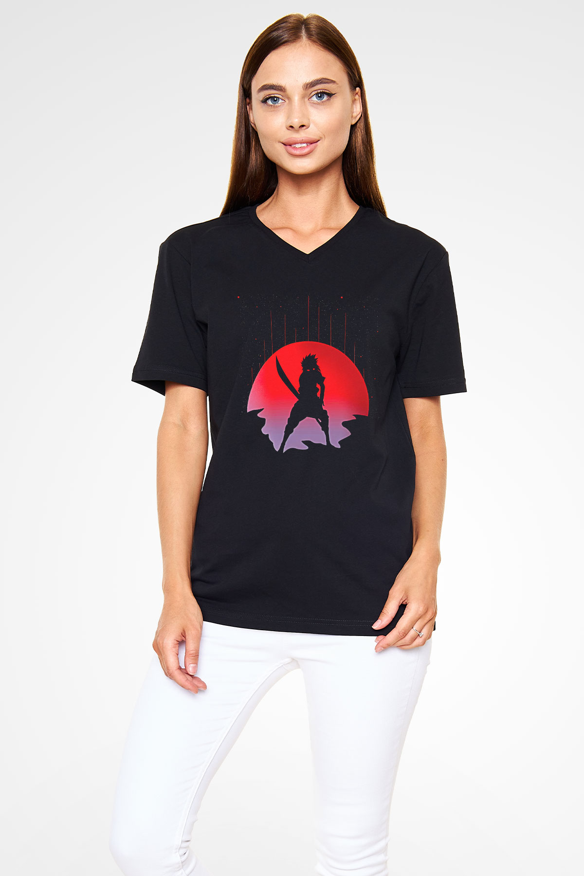 Bleach Baskılı Unisex Siyah V Yaka Tişört - Tshirt