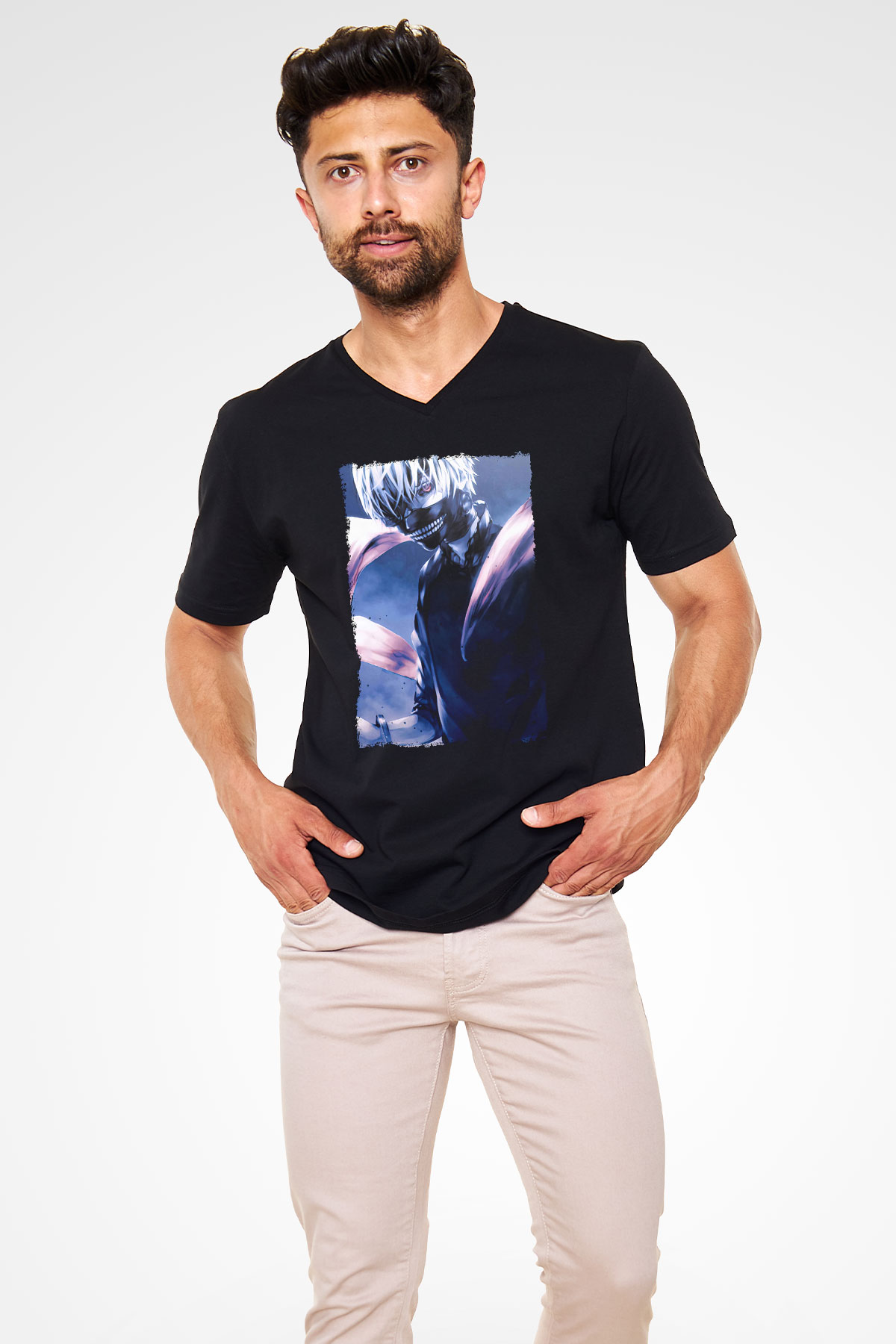 Bleach Baskılı Unisex Siyah V Yaka Tişört - Tshirt