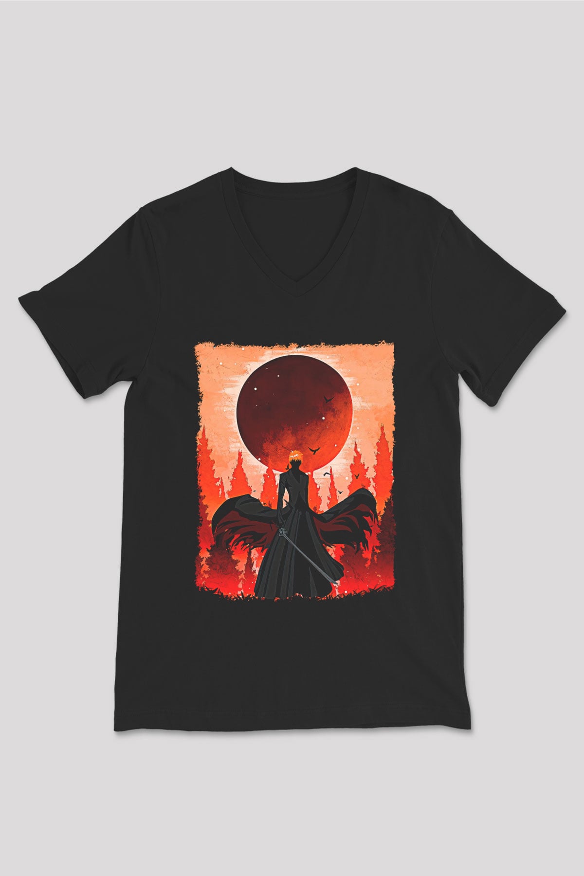 Bleach Baskılı Unisex Siyah V Yaka Tişört - Tshirt