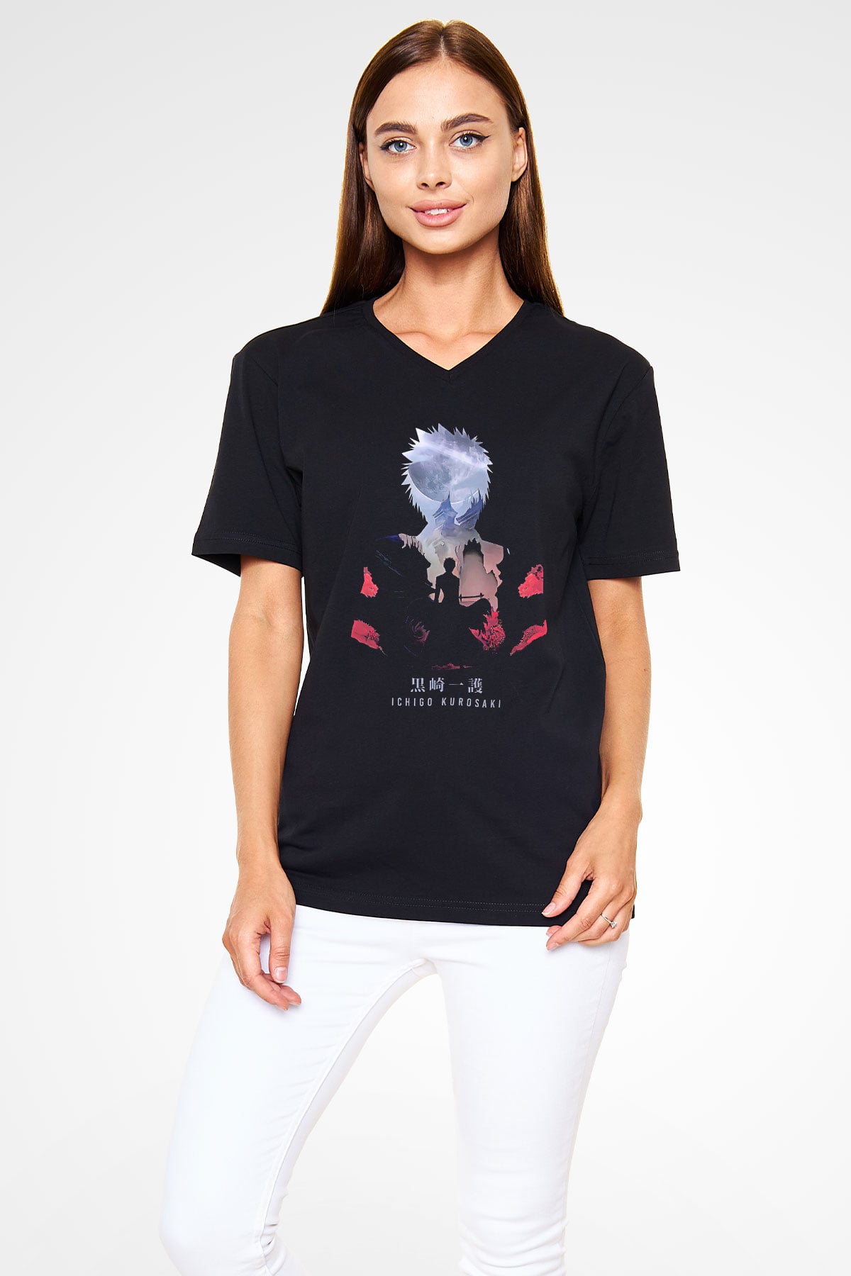 Bleach Baskılı Unisex Siyah V Yaka Tişört - Tshirt