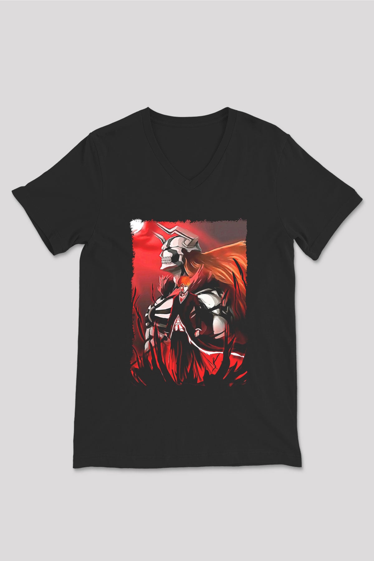 Bleach Baskılı Unisex Siyah V Yaka Tişört - Tshirt