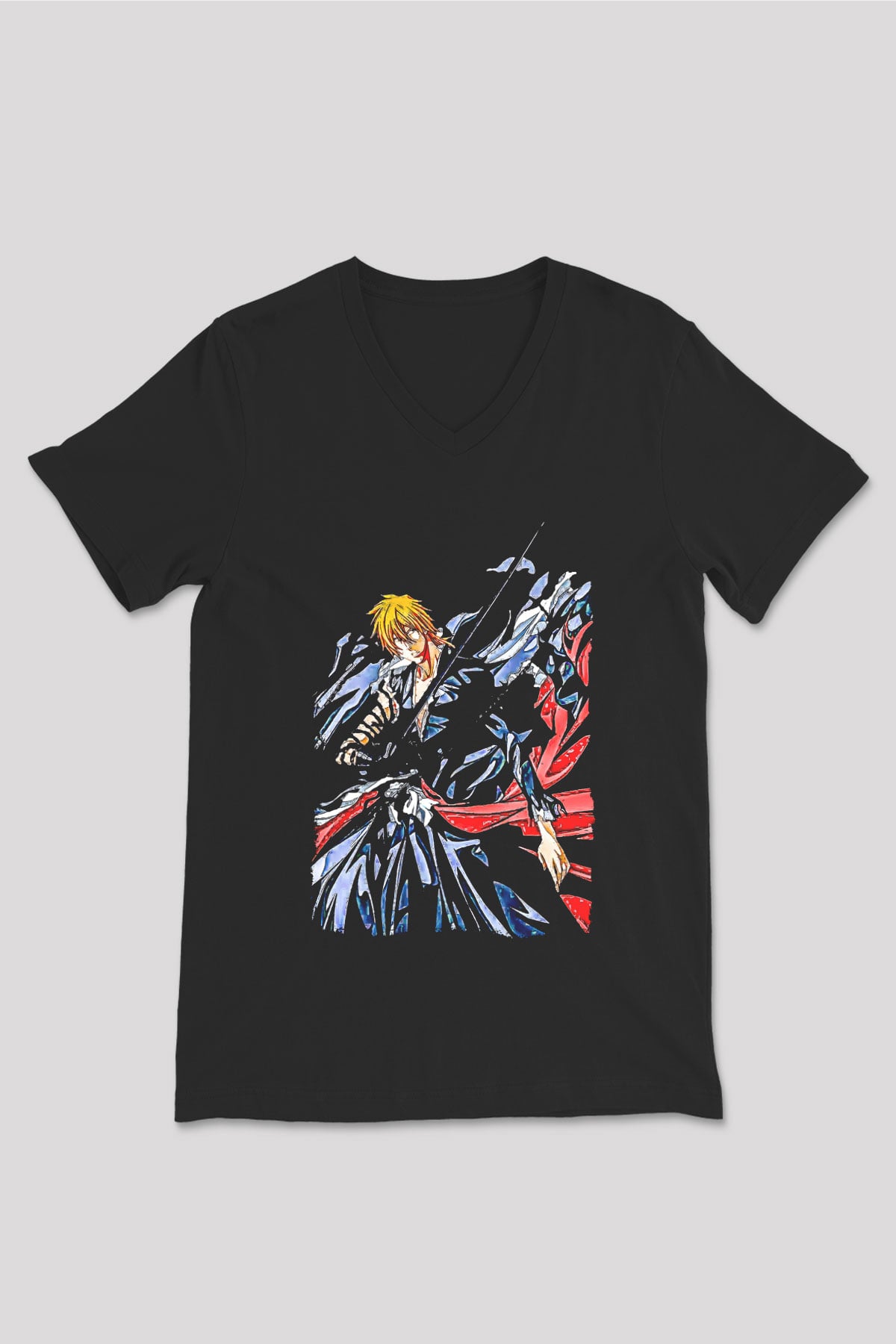 Bleach Baskılı Unisex Siyah V Yaka Tişört - Tshirt