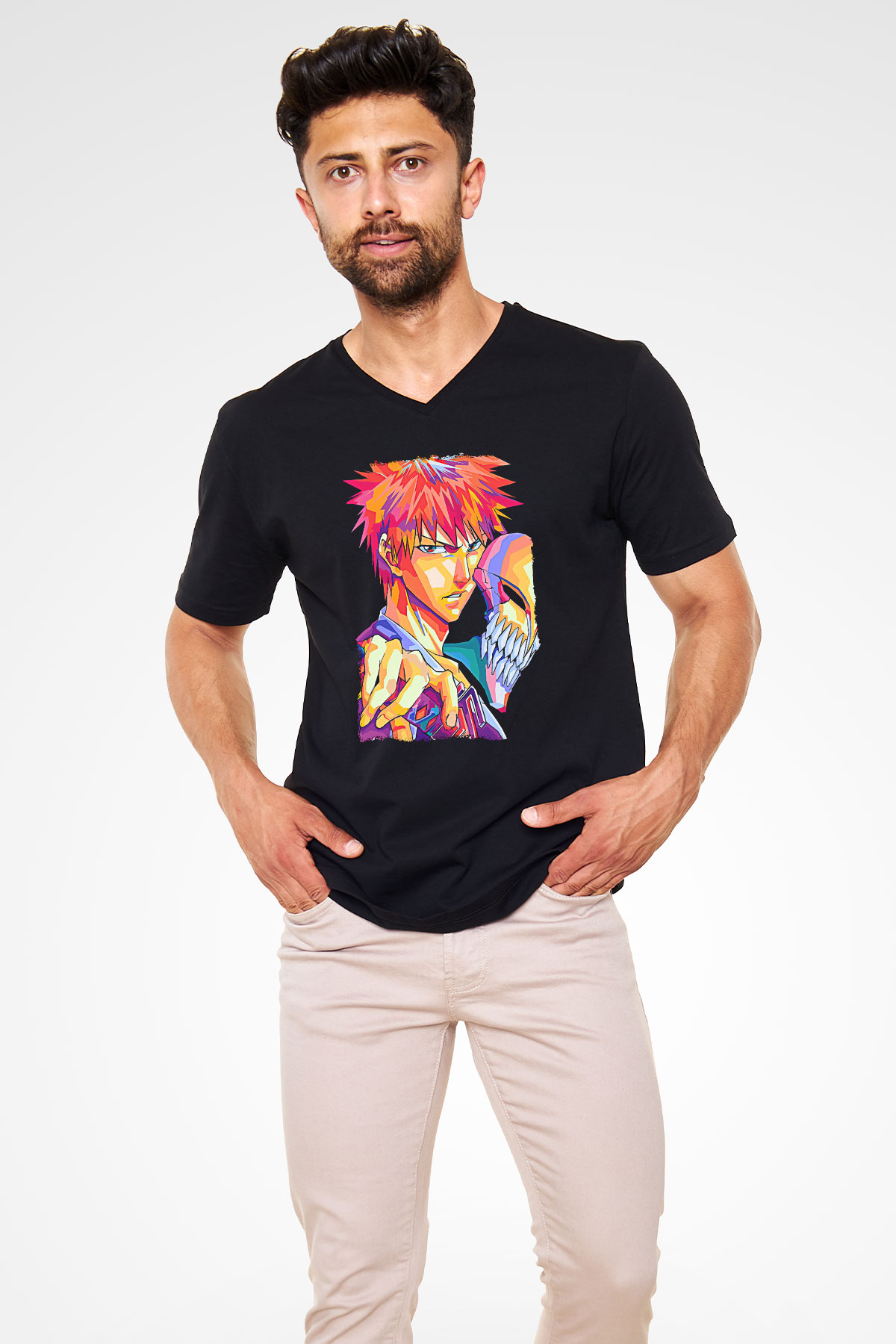Bleach Baskılı Unisex Siyah V Yaka Tişört - Tshirt