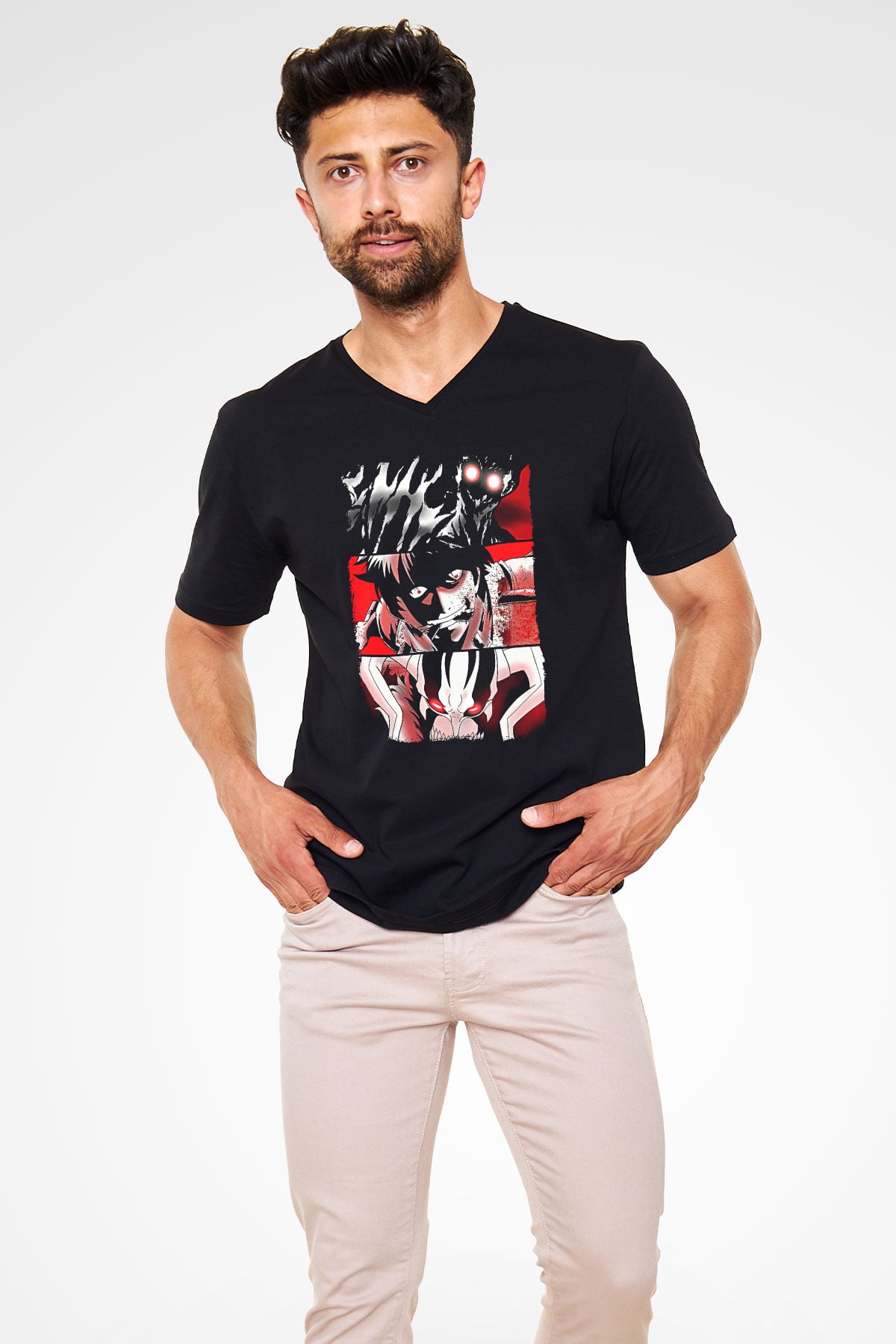 Bleach Baskılı Unisex Siyah V Yaka Tişört - Tshirt