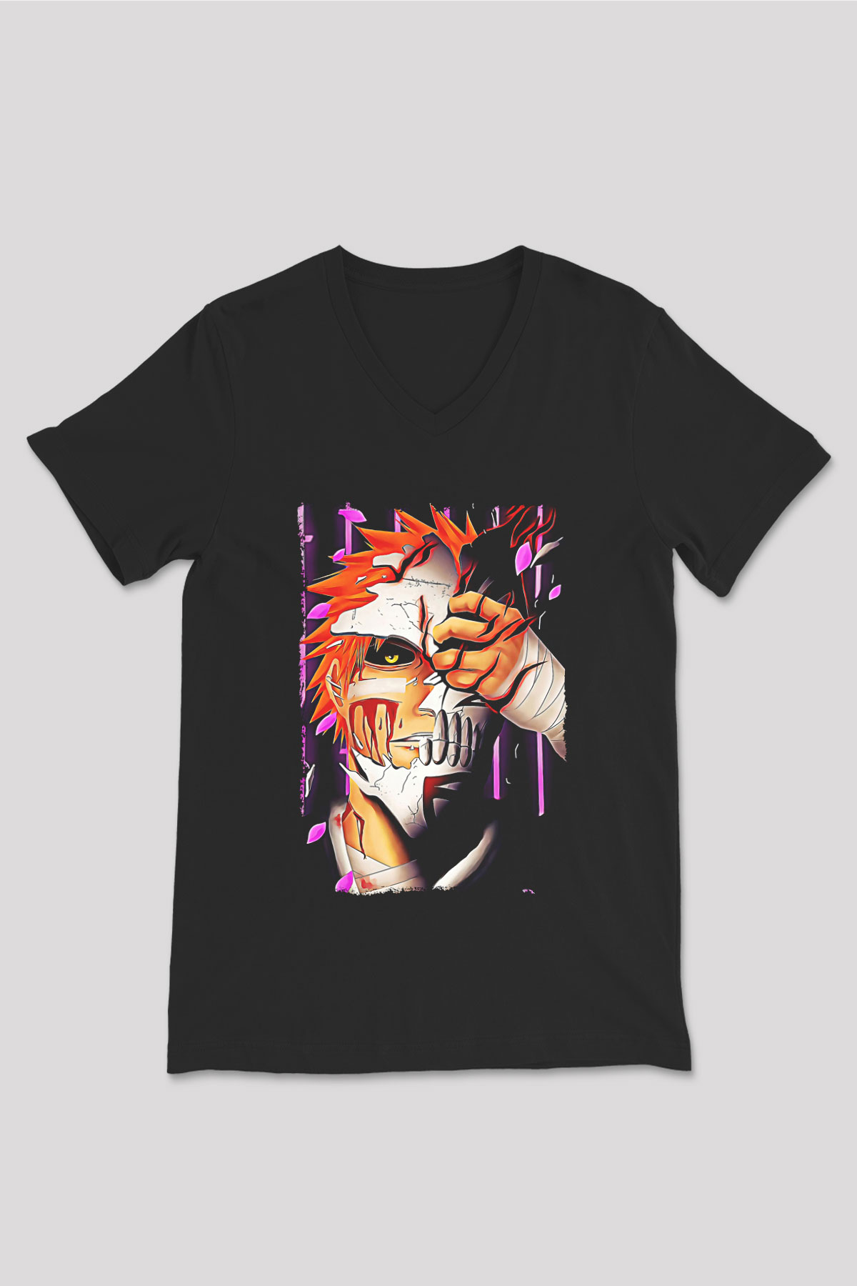Bleach Baskılı Unisex Siyah V Yaka Tişört - Tshirt