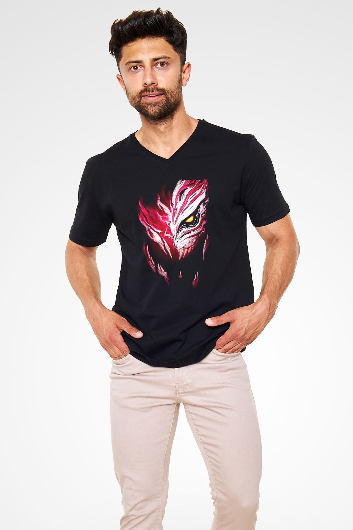 Bleach Baskılı Unisex Siyah V Yaka Tişört - Tshirt