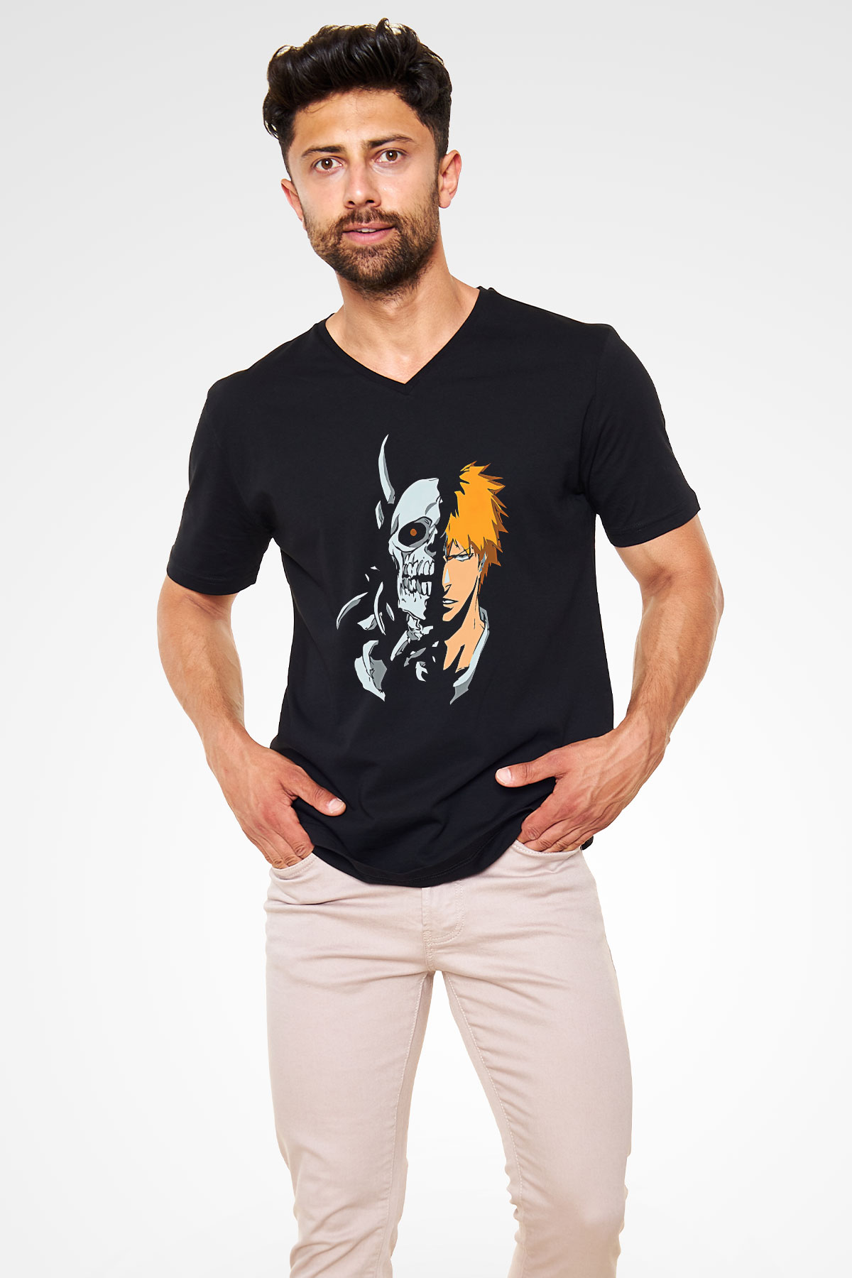 Bleach Baskılı Unisex Siyah V Yaka Tişört - Tshirt