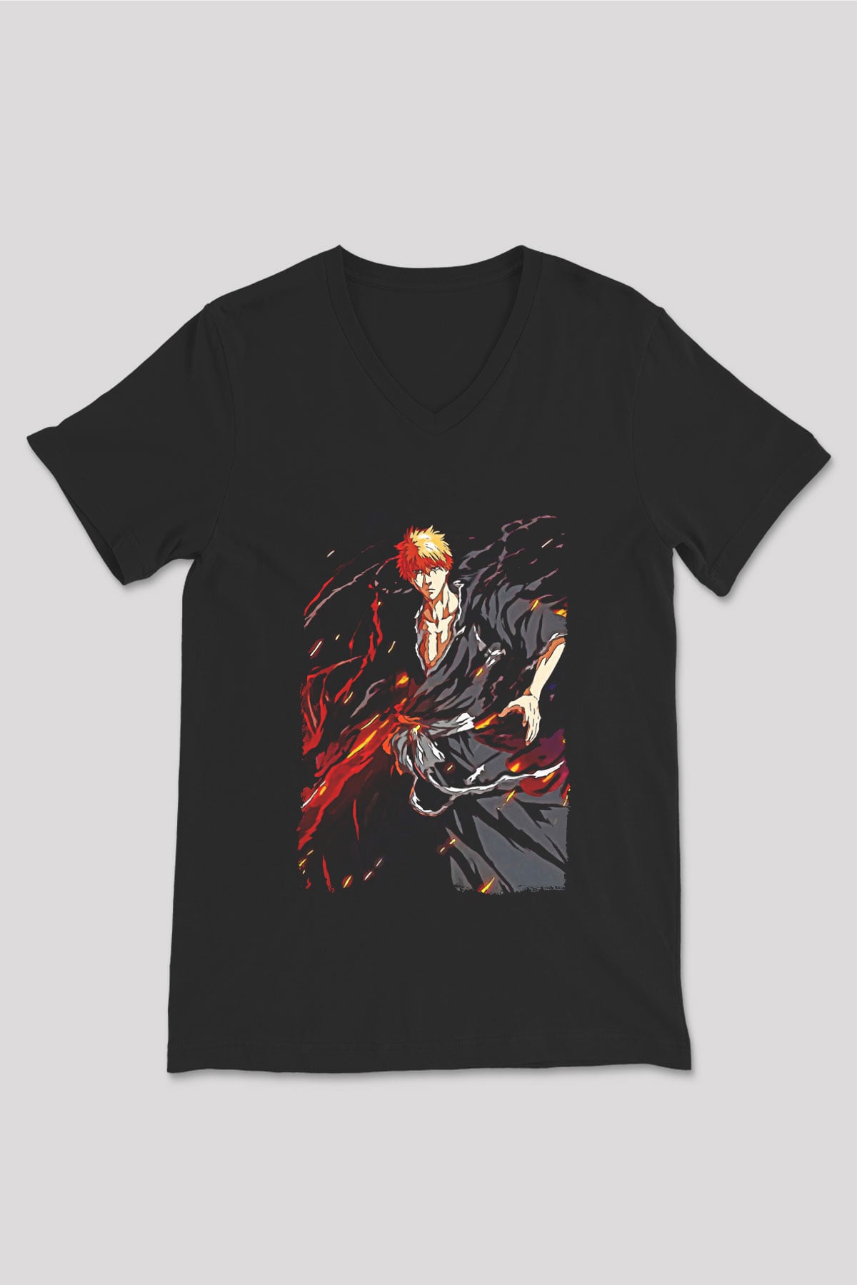 Bleach Baskılı Unisex Siyah V Yaka Tişört - Tshirt
