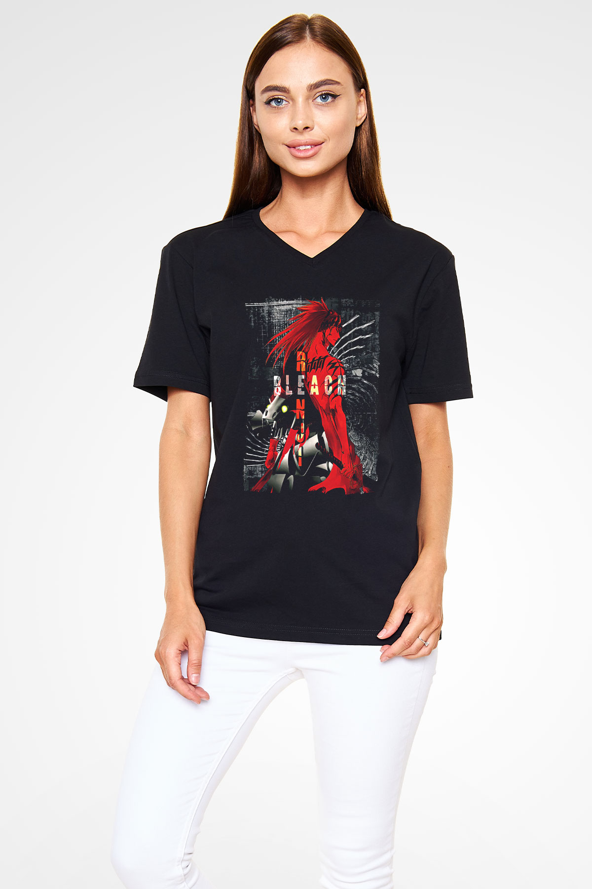 Bleach Baskılı Unisex Siyah V Yaka Tişört - Tshirt