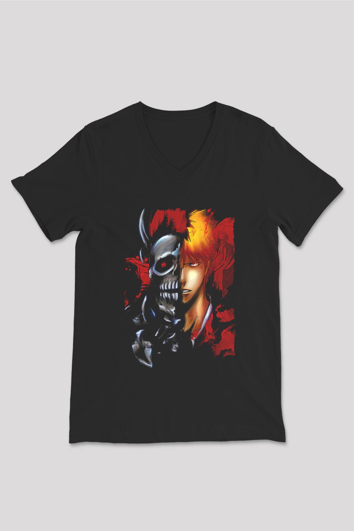 Bleach Baskılı Unisex Siyah V Yaka Tişört - Tshirt