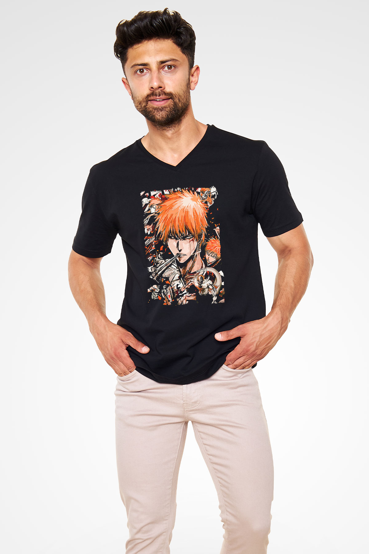 Bleach Baskılı Unisex Siyah V Yaka Tişört - Tshirt