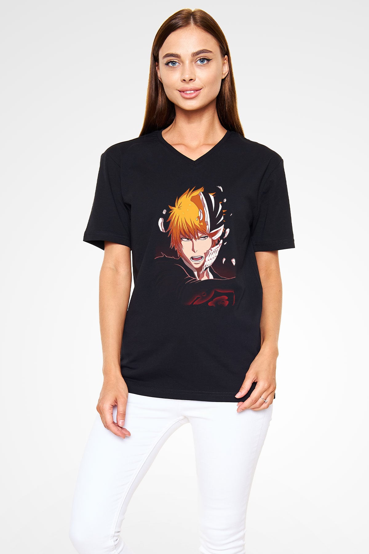 Bleach Baskılı Unisex Siyah V Yaka Tişört - Tshirt