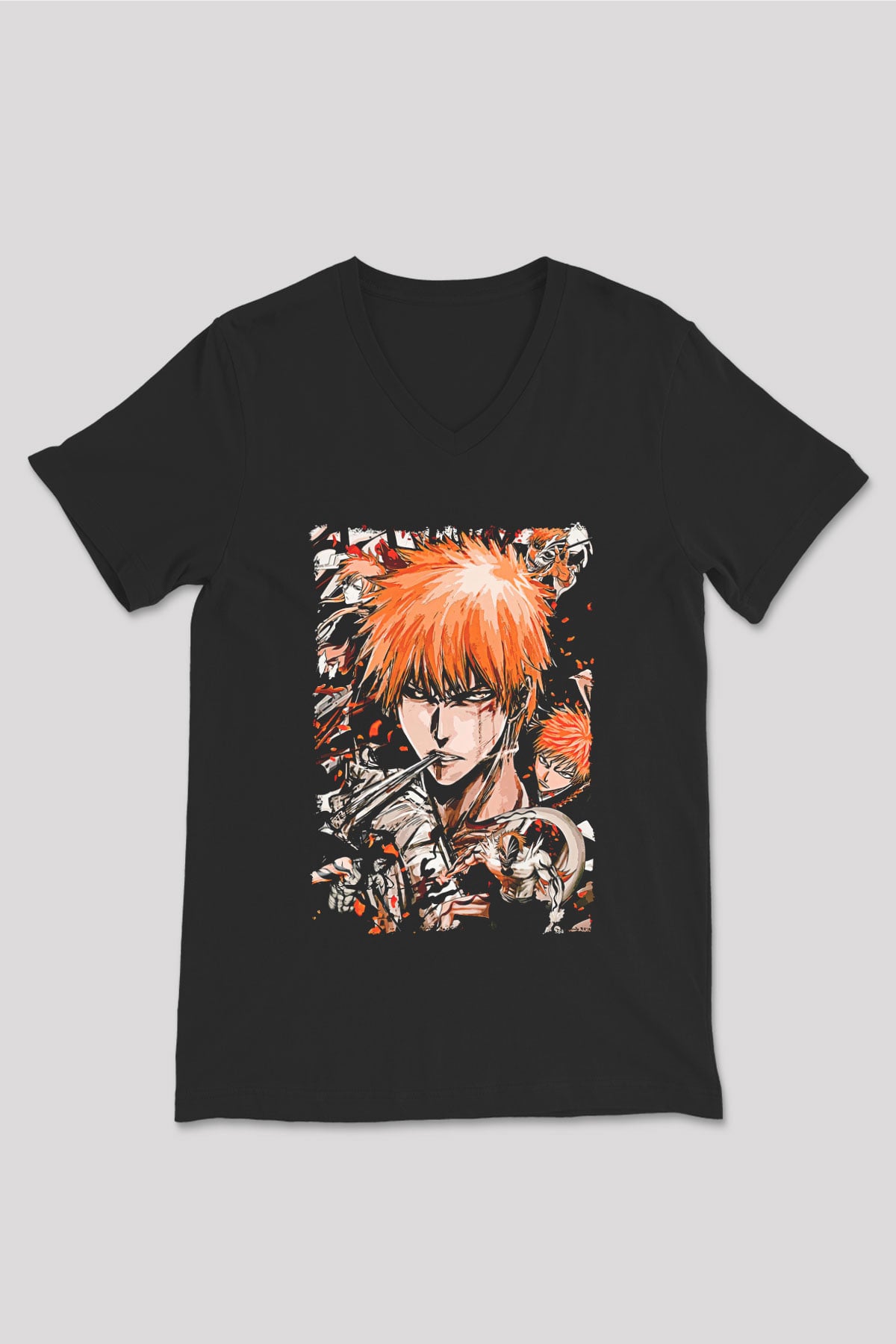Bleach Baskılı Unisex Siyah V Yaka Tişört - Tshirt