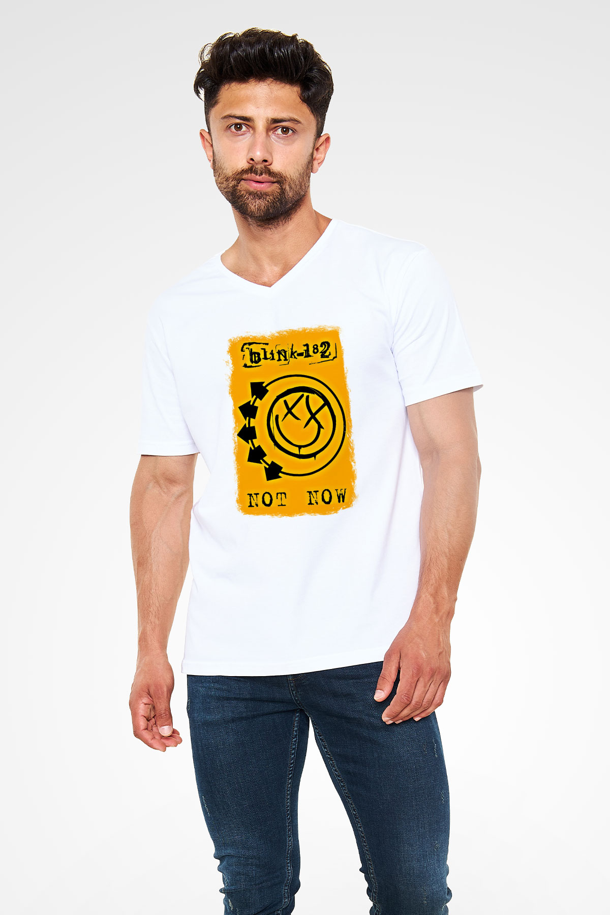Blink-182 Baskılı Unisex Beyaz V Yaka Tişört