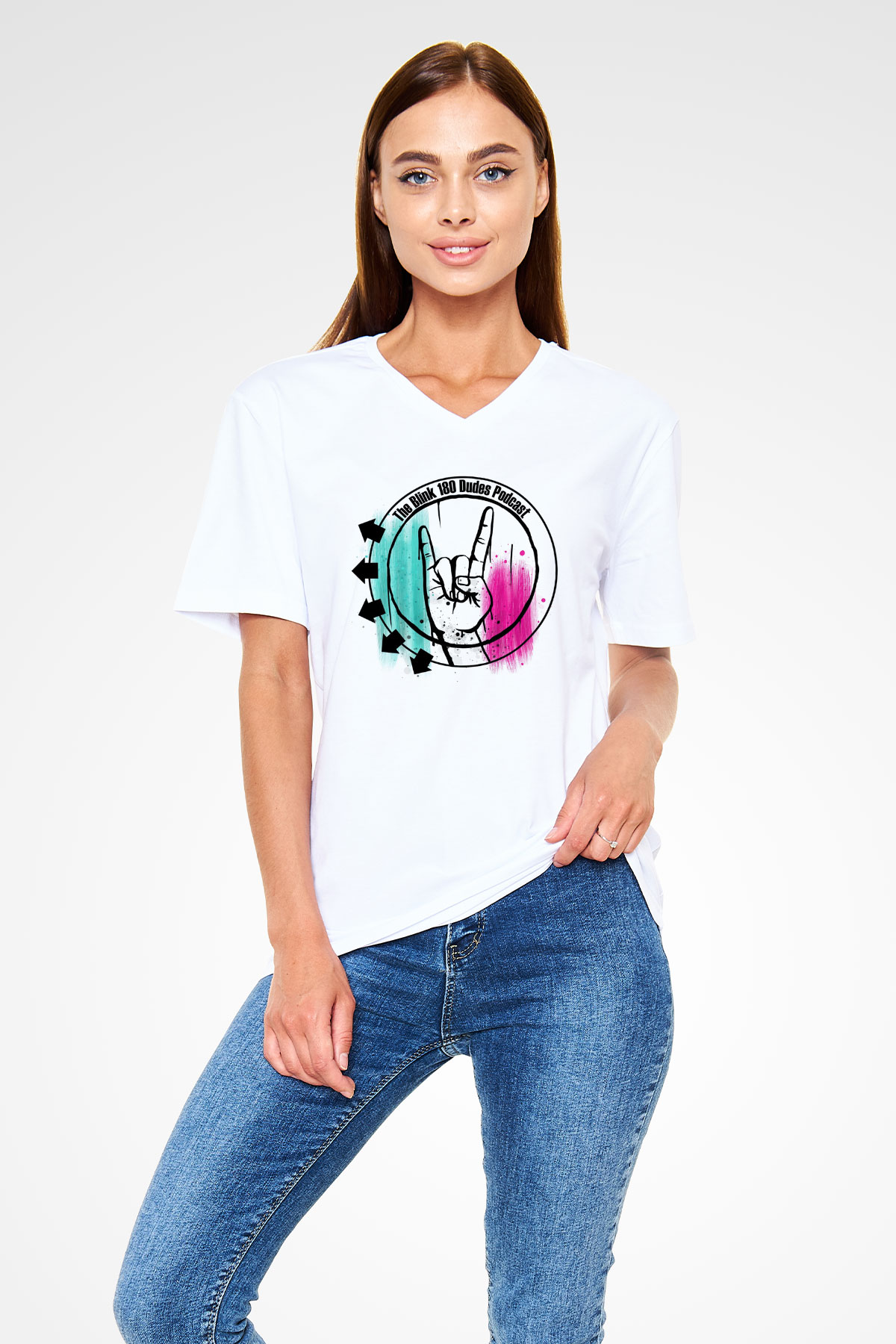 Blink 182 Beyaz Unisex V Yaka Tişört