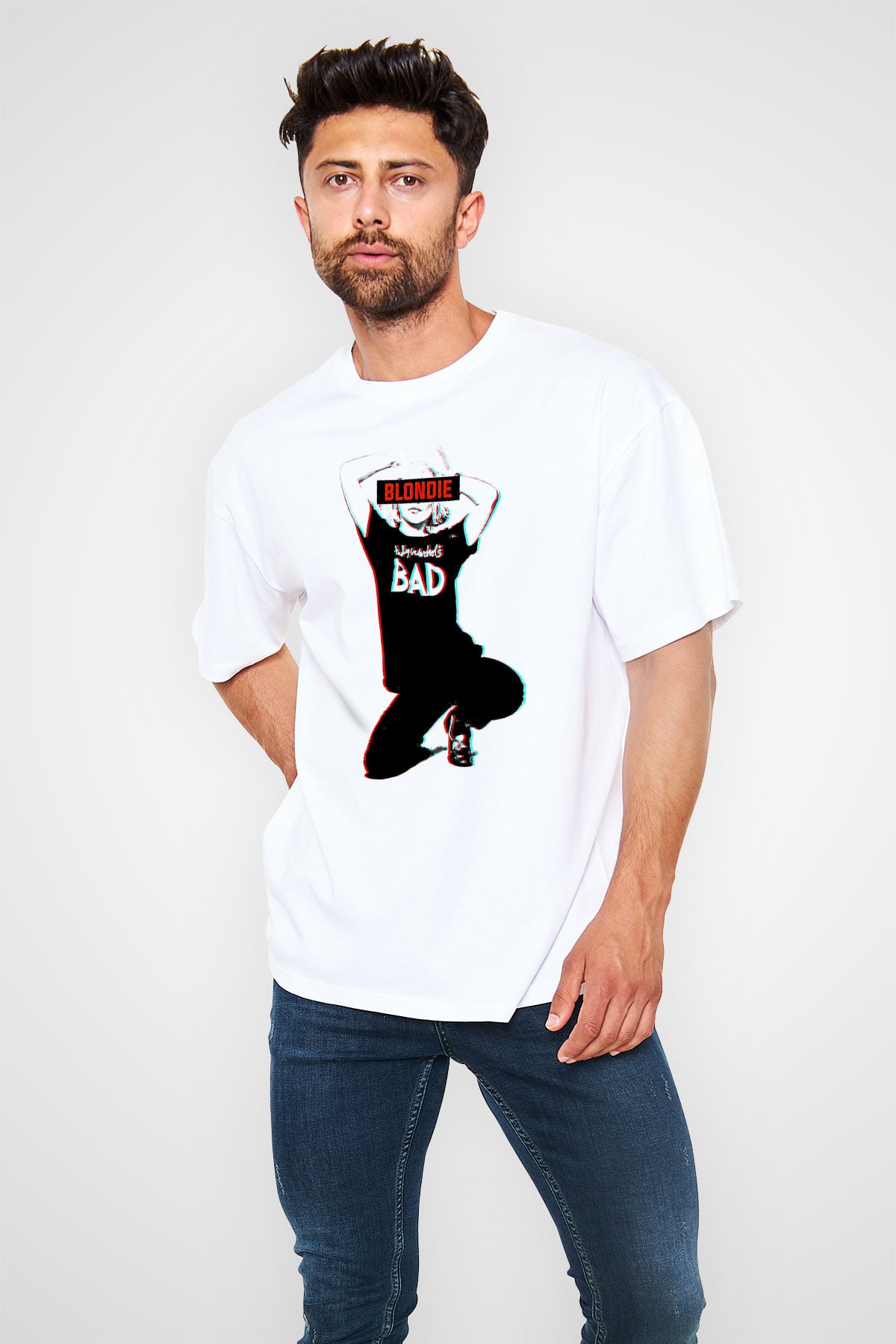 Blondie - Debbie Harry Baskılı Beyaz Unisex Oversize Tişört - Tshirt