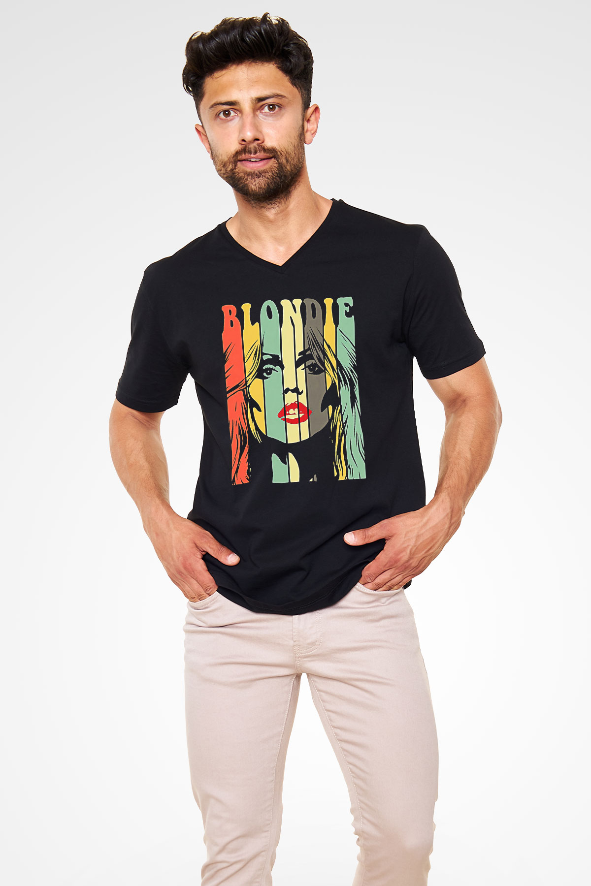 Blondie - Debbie Harry Baskılı Unisex Siyah V Yaka Tişört - Tshirt
