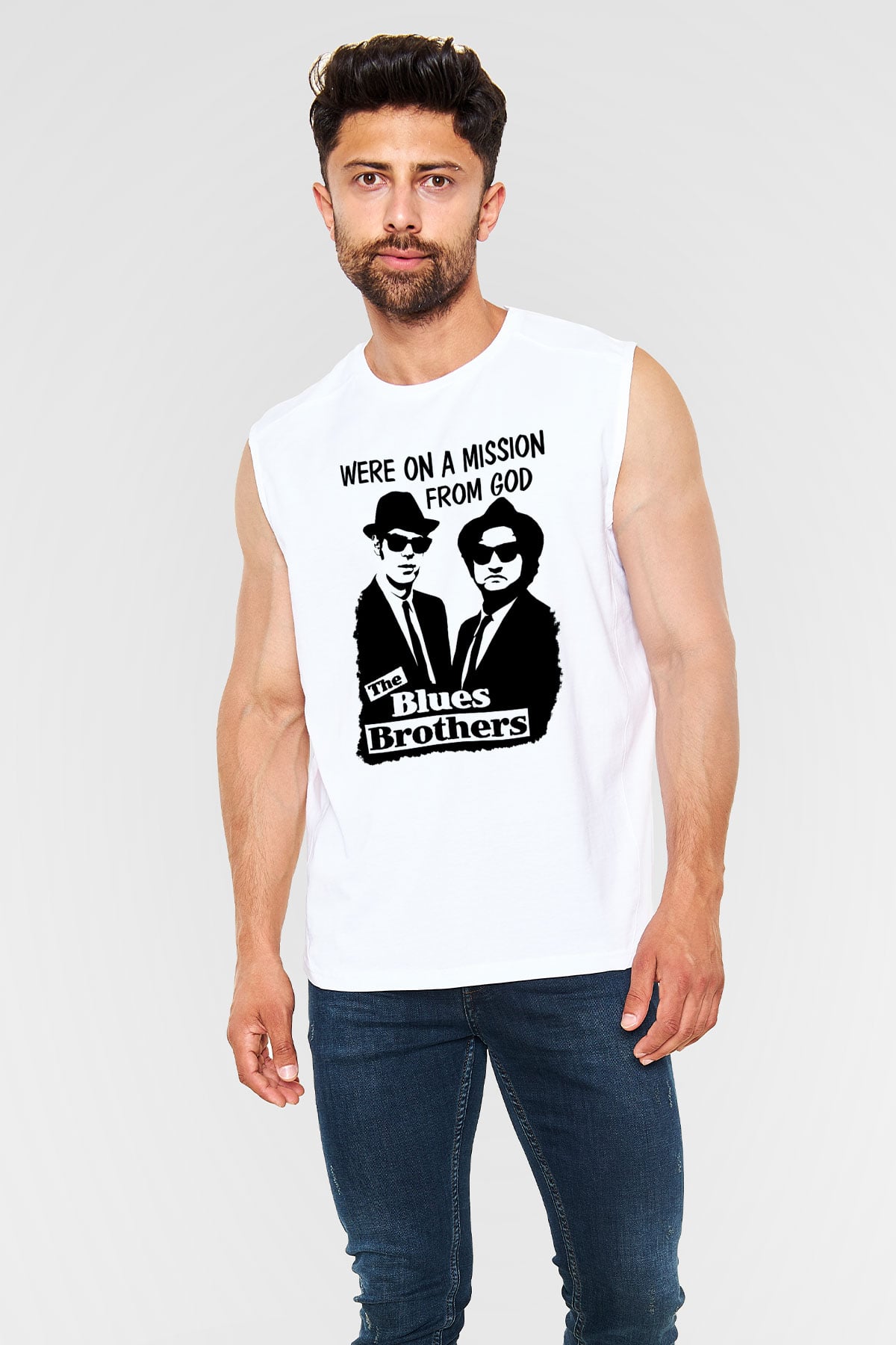 Blue Brothers Beyaz Unisex Kolsuz Tişört