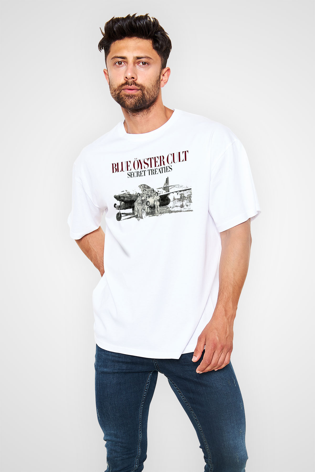 Blue Oyster Cult Baskılı Beyaz Unisex Oversize Tişört - Tshirt