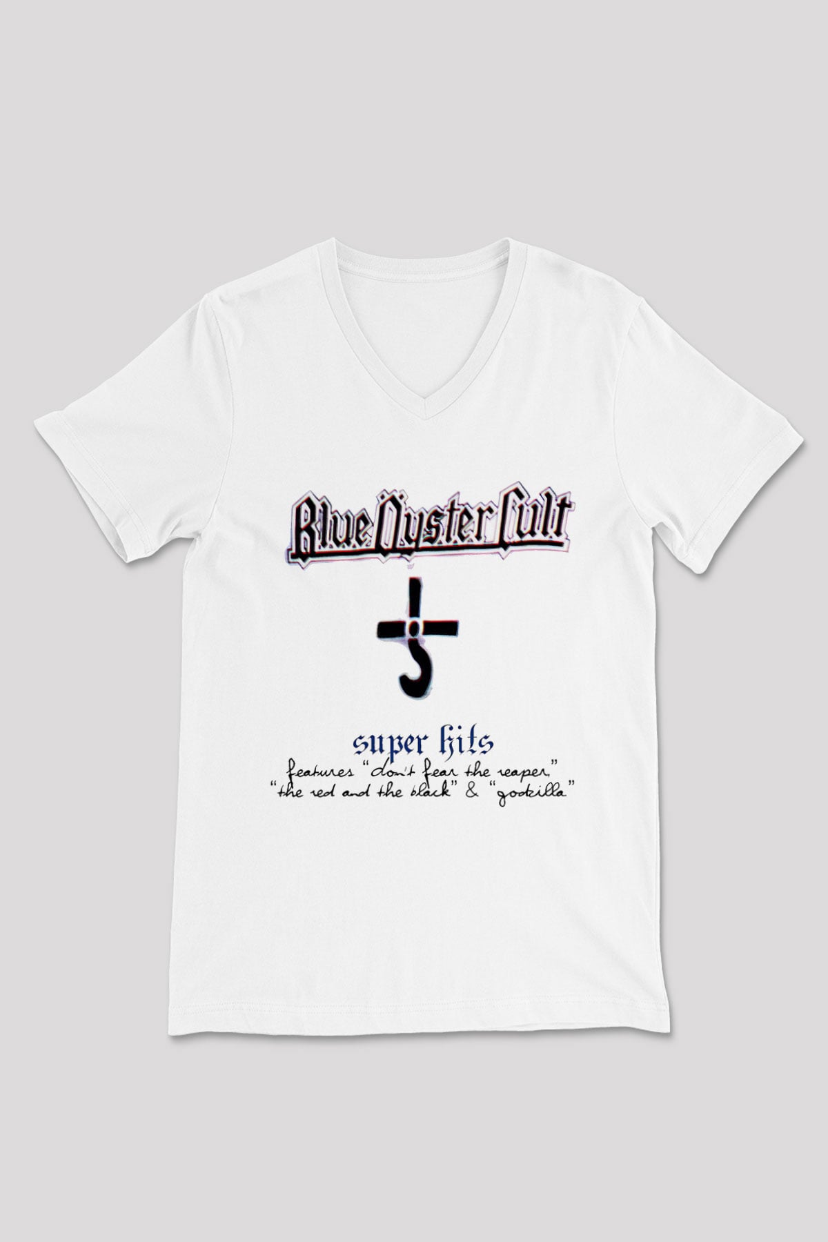 Blue Oyster Cult Baskılı Beyaz Unisex V Yaka Tişört - Tshirt