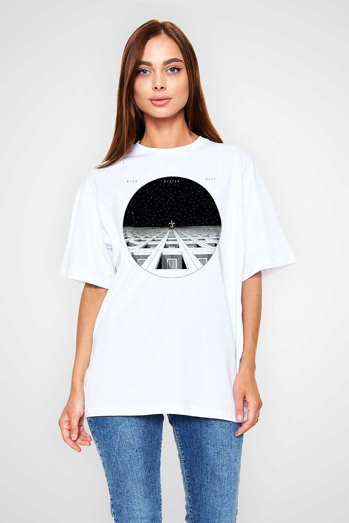 Blue Oyster Cult Baskılı Beyaz Unisex Oversize Tişört - Tshirt
