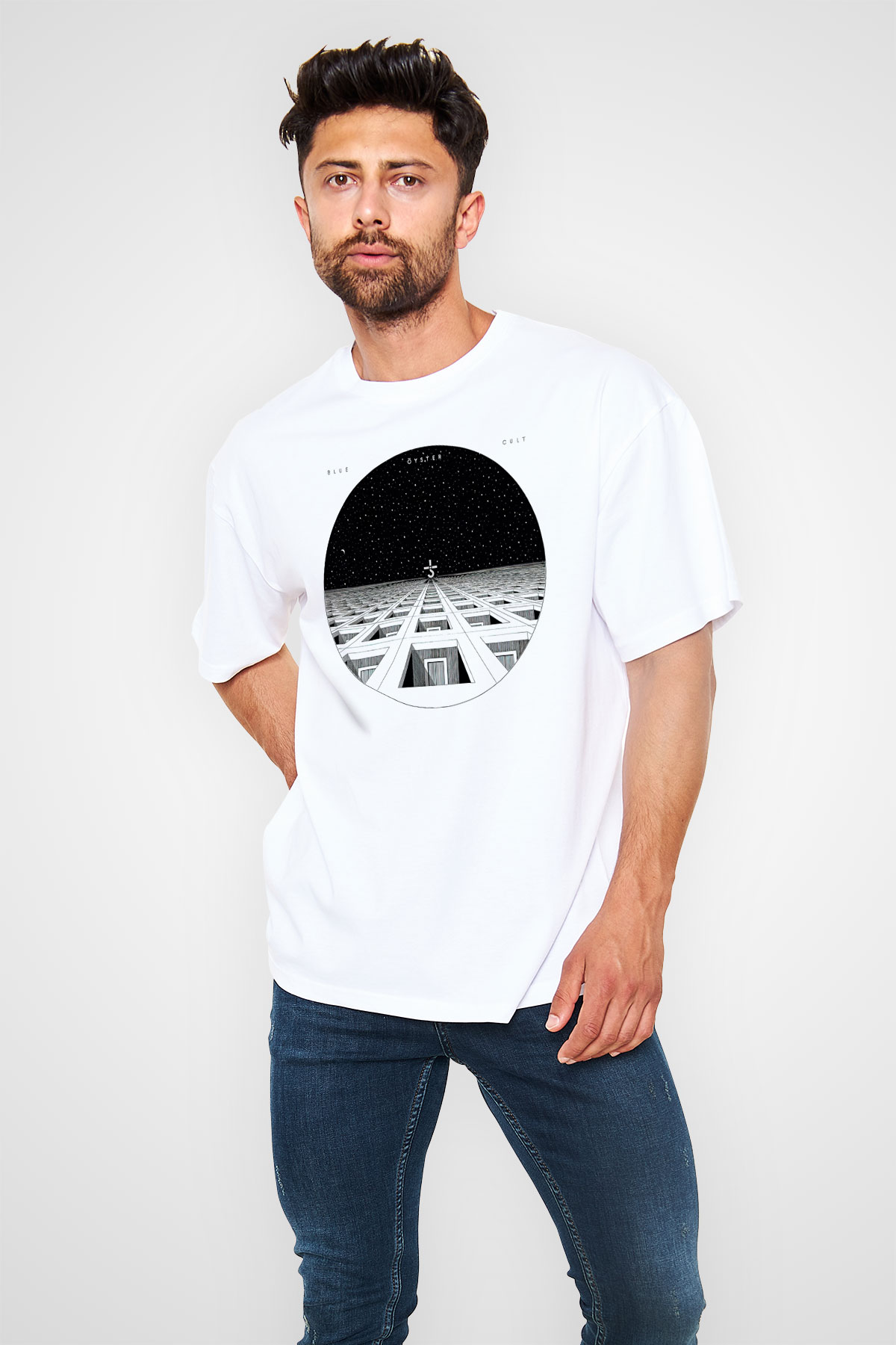 Blue Oyster Cult Baskılı Beyaz Unisex Oversize Tişört - Tshirt