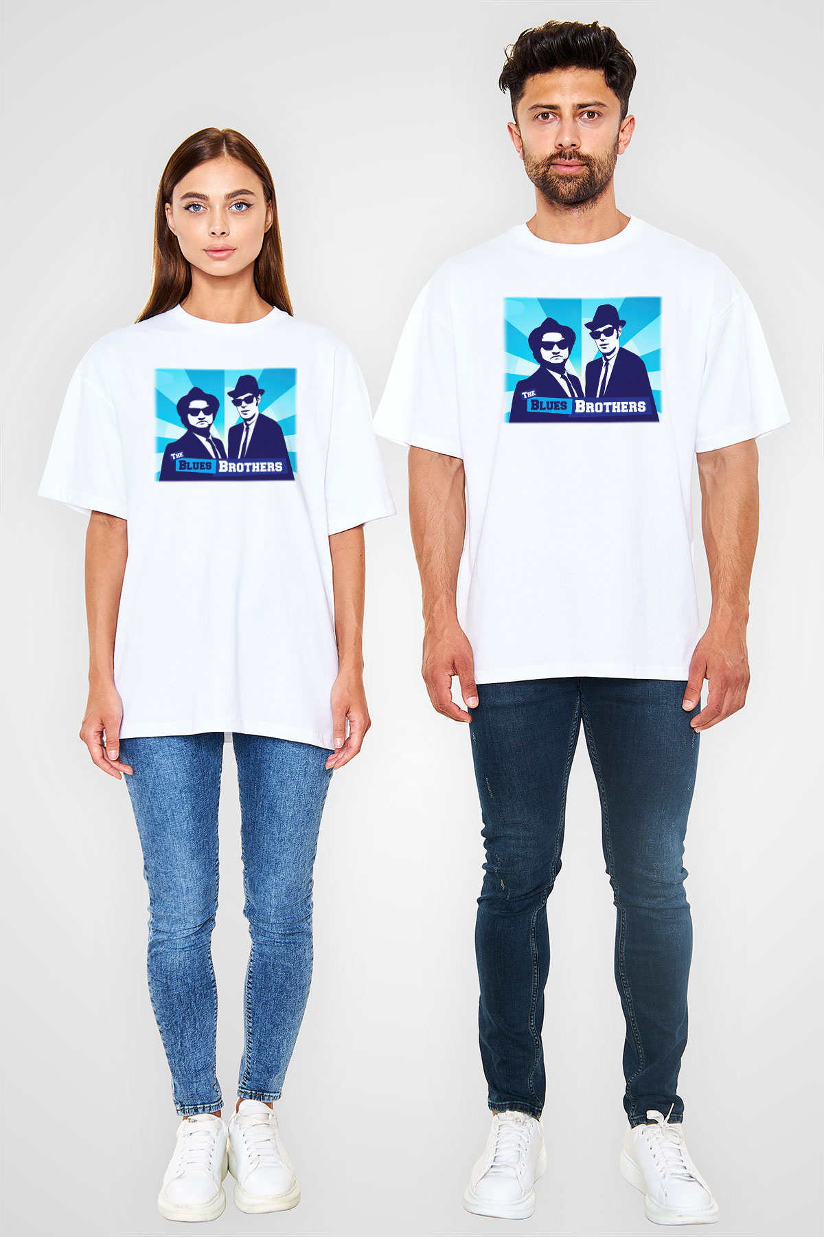 Blues Brothers Beyaz Unisex Oversize Tişört T-Shirt