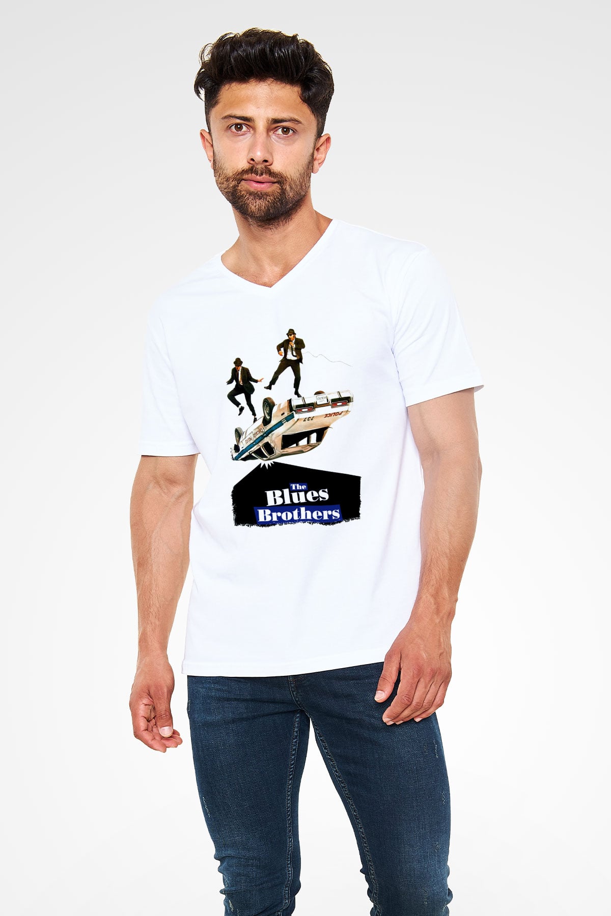 Blues Brothers Beyaz Unisex V Yaka Tişört