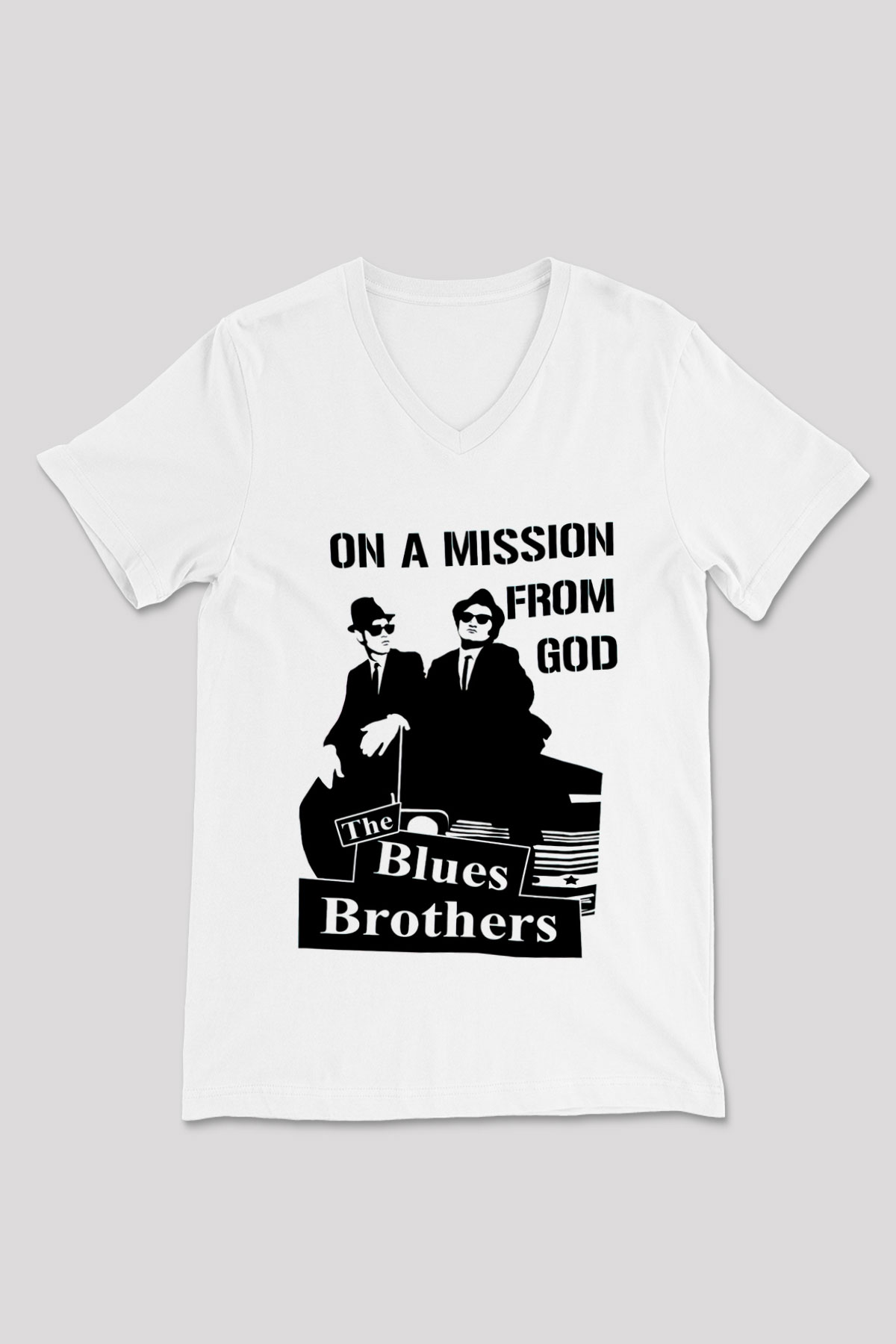 Blues Brothers Beyaz Unisex V Yaka Tişört T-Shirt