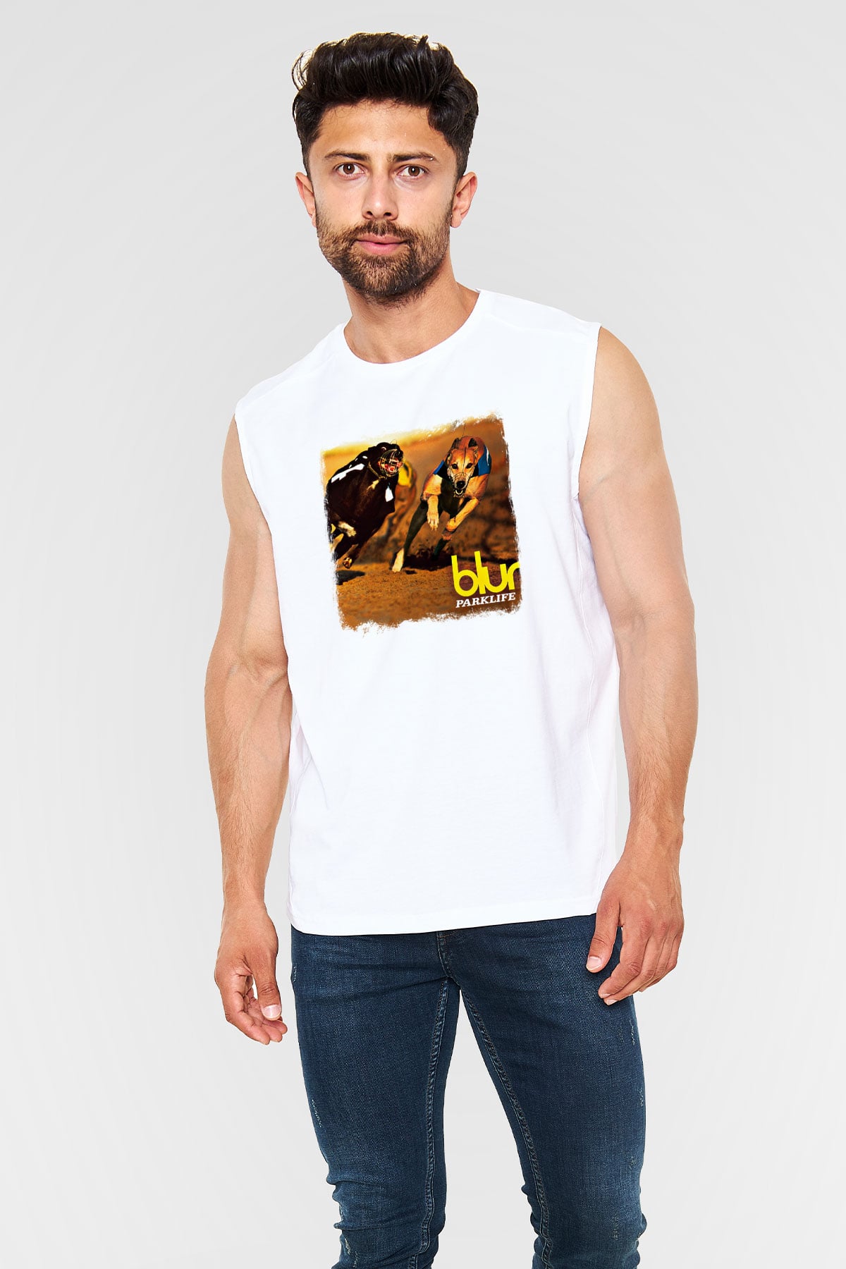 Blur Baskılı Unisex Beyaz Kolsuz Tişört