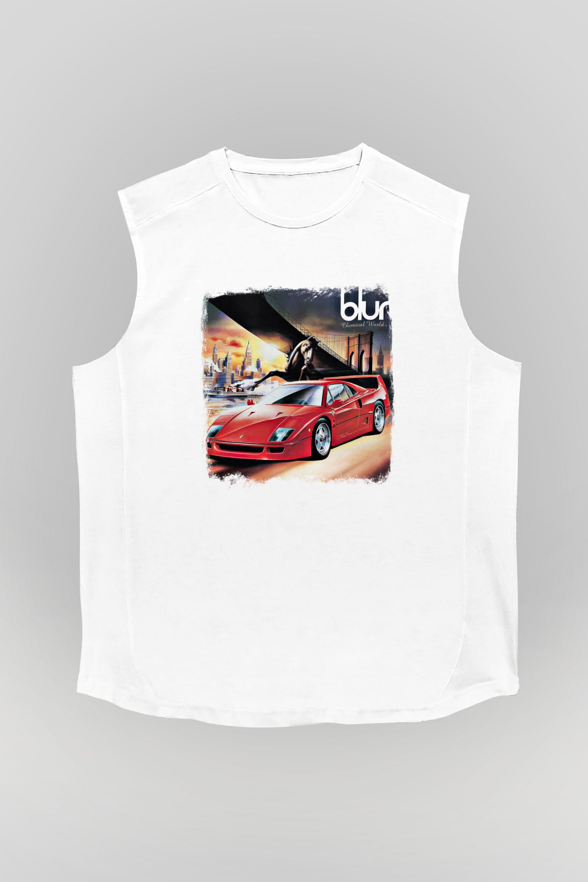 Blur Baskılı Unisex Beyaz Kolsuz Tişört