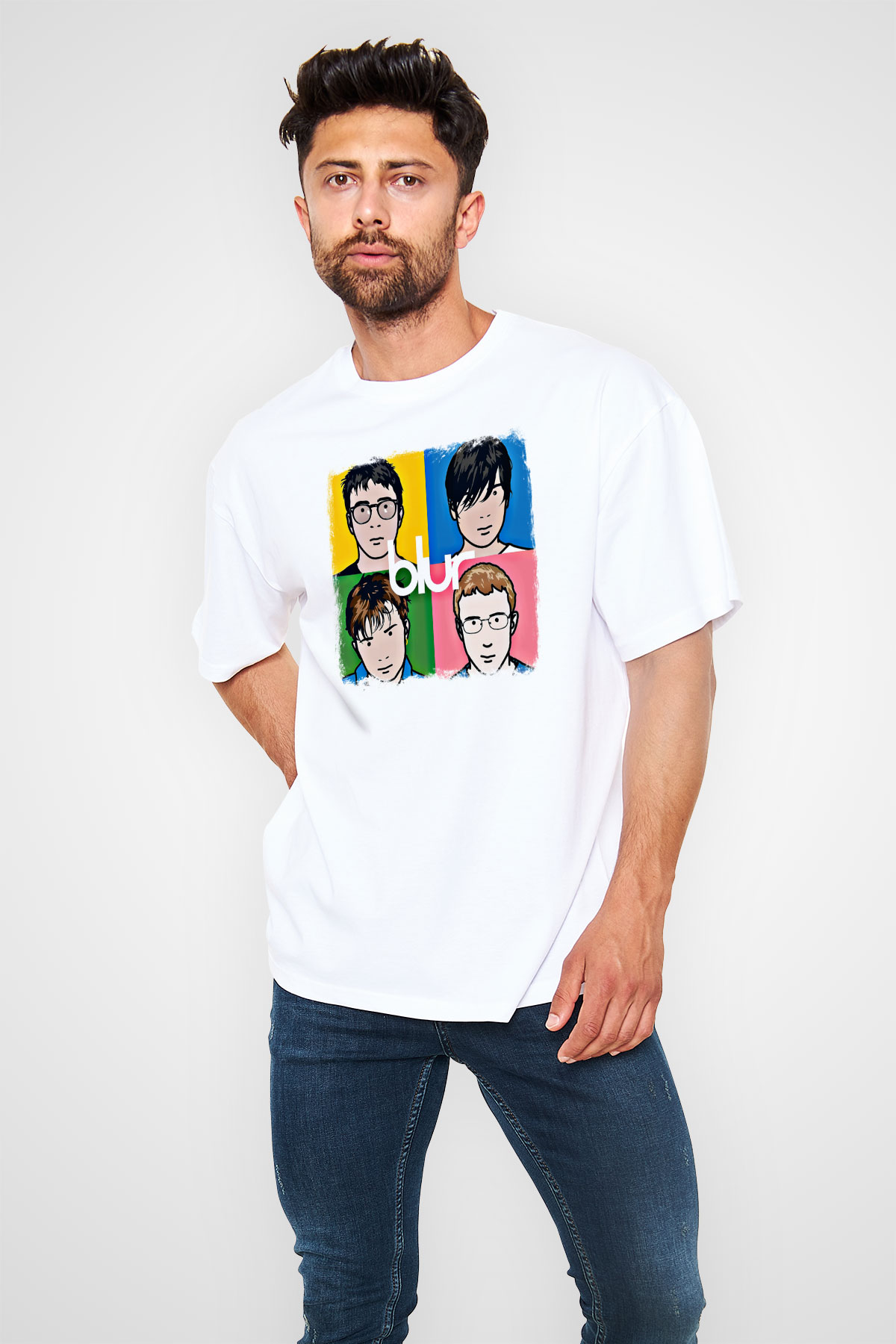 Blur Baskılı Unisex Beyaz Oversize Tişört