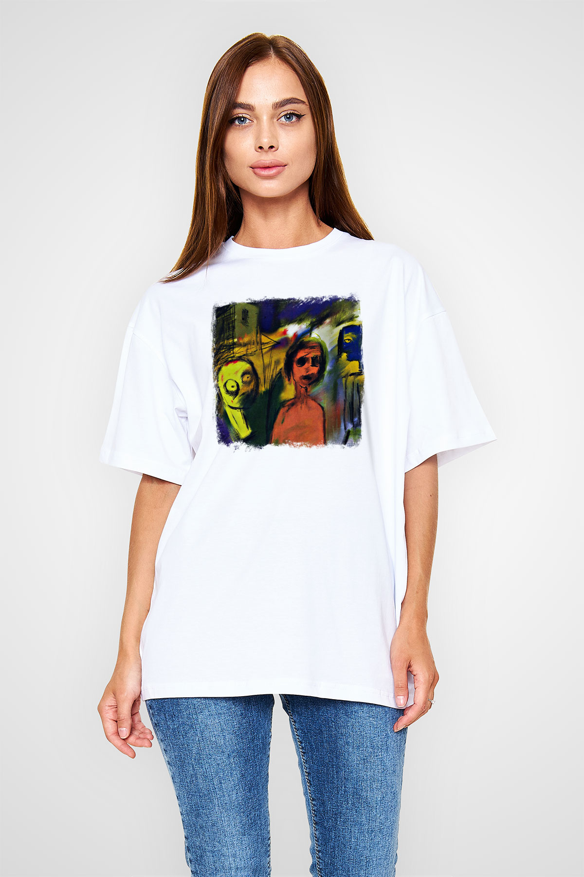 Blur Baskılı Unisex Beyaz Oversize Tişört